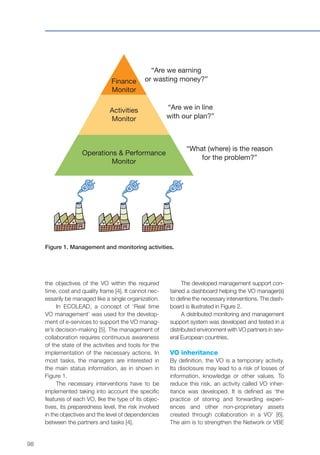 98
the objectives of the VO within the required
time, cost and quality frame [4]. It cannot nec-
essarily be managed like a single organization.
In ECOLEAD, a concept of ‘Real time
VO management’ was used for the develop-
ment of e-services to support the VO manag-
er’s decision-making [5]. The management of
collaboration requires continuous awareness
of the state of the activities and tools for the
implementation of the necessary actions. In
most tasks, the managers are interested in
the main status information, as in shown in
Figure 1.
The necessary interventions have to be
implemented taking into account the specific
features of each VO, like the type of its objec-
tives, its preparedness level, the risk involved
in the objectives and the level of dependencies
between the partners and tasks [4].
“Are we earning
or wasting money?”
“Are we in line
with our plan?”
“What (where) is the reason
for the problem?”
Finance
Monitor
Activities
Monitor
Operations & Performance
Monitor
Figure 1. Management and monitoring activities.
The developed management support con-
tained a dashboard helping the VO manager(s)
to define the necessary interventions. The dash-
board is illustrated in Figure 2.
A distributed monitoring and management
support system was developed and tested in a
distributed environment with VO partners in sev-
eral European countries.
VO inheritance
By definition, the VO is a temporary activity.
Its disclosure may lead to a risk of losses of
information, knowledge or other values. To
reduce this risk, an activity called VO inher-
itance was developed. It is defined as ‘the
practice of storing and forwarding experi-
ences and other non-proprietary assets
created through collaboration in a VO’ [6].
The aim is to strengthen the Network or VBE
 