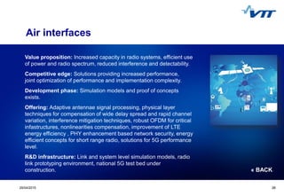 Click to edit Master title style
 Click to edit Master text styles
 Second level
 Third level
 Fourth level
 Fifth level
2629/04/2015 26
Air interfaces
Value proposition: Increased capacity in radio systems, efficient use
of power and radio spectrum, reduced interference and detectability.
Competitive edge: Solutions providing increased performance,
joint optimization of performance and implementation complexity.
Development phase: Simulation models and proof of concepts
exists.
Offering: Adaptive antennae signal processing, physical layer
techniques for compensation of wide delay spread and rapid channel
variation, interference mitigation techniques, robust OFDM for critical
infastructures, nonlinearities compensation, improvement of LTE
energy efficiency , PHY enhancement based network security, energy
efficient concepts for short range radio, solutions for 5G performance
level.
R&D infrastructure: Link and system level simulation models, radio
link prototyping environment, national 5G test bed under
construction. « BACK
 