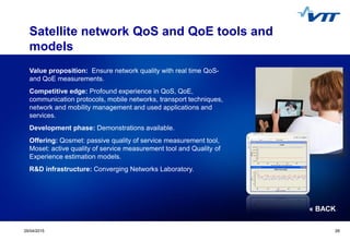 Click to edit Master title style
 Click to edit Master text styles
 Second level
 Third level
 Fourth level
 Fifth level
2929/04/2015 29
Satellite network QoS and QoE tools and
models
Value proposition: Ensure network quality with real time QoS-
and QoE measurements.
Competitive edge: Profound experience in QoS, QoE,
communication protocols, mobile networks, transport techniques,
network and mobility management and used applications and
services.
Development phase: Demonstrations available.
Offering: Qosmet: passive quality of service measurement tool,
Moset: active quality of service measurement tool and Quality of
Experience estimation models.
R&D infrastructure: Converging Networks Laboratory.
« BACK
 