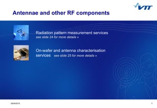 Click to edit Master title style
 Click to edit Master text styles
 Second level
 Third level
 Fourth level
 Fifth level
729/04/2015 7
Antennae and other RF components
On-wafer and antenna characterisation
services see slide 25 for more details »
Radiation pattern measurement services
see slide 24 for more details »
 