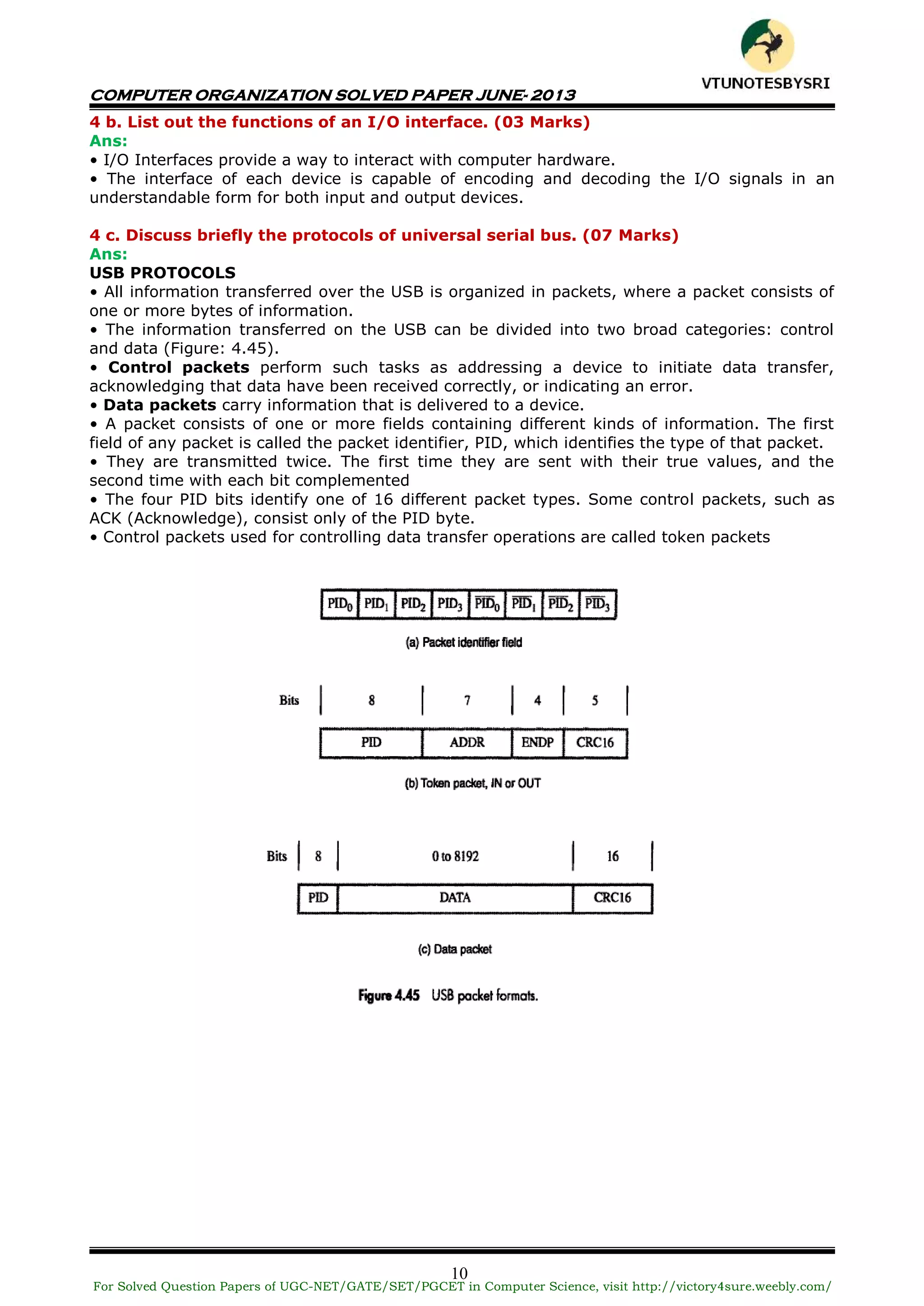 COMPUTER ORGANIZATION SOLVED PAPER JUNE- 2013
10
4 b. List out the functions of an I/O interface. (03 Marks)
Ans:
• I/O Interfaces provide a way to interact with computer hardware.
• The interface of each device is capable of encoding and decoding the I/O signals in an
understandable form for both input and output devices.
4 c. Discuss briefly the protocols of universal serial bus. (07 Marks)
Ans:
USB PROTOCOLS
• All information transferred over the USB is organized in packets, where a packet consists of
one or more bytes of information.
• The information transferred on the USB can be divided into two broad categories: control
and data (Figure: 4.45).
• Control packets perform such tasks as addressing a device to initiate data transfer,
acknowledging that data have been received correctly, or indicating an error.
• Data packets carry information that is delivered to a device.
• A packet consists of one or more fields containing different kinds of information. The first
field of any packet is called the packet identifier, PID, which identifies the type of that packet.
• They are transmitted twice. The first time they are sent with their true values, and the
second time with each bit complemented
• The four PID bits identify one of 16 different packet types. Some control packets, such as
ACK (Acknowledge), consist only of the PID byte.
• Control packets used for controlling data transfer operations are called token packets
For Solved Question Papers of UGC-NET/GATE/SET/PGCET in Computer Science, visit http://victory4sure.weebly.com/
VTU
N
O
TESBYSR
I
 