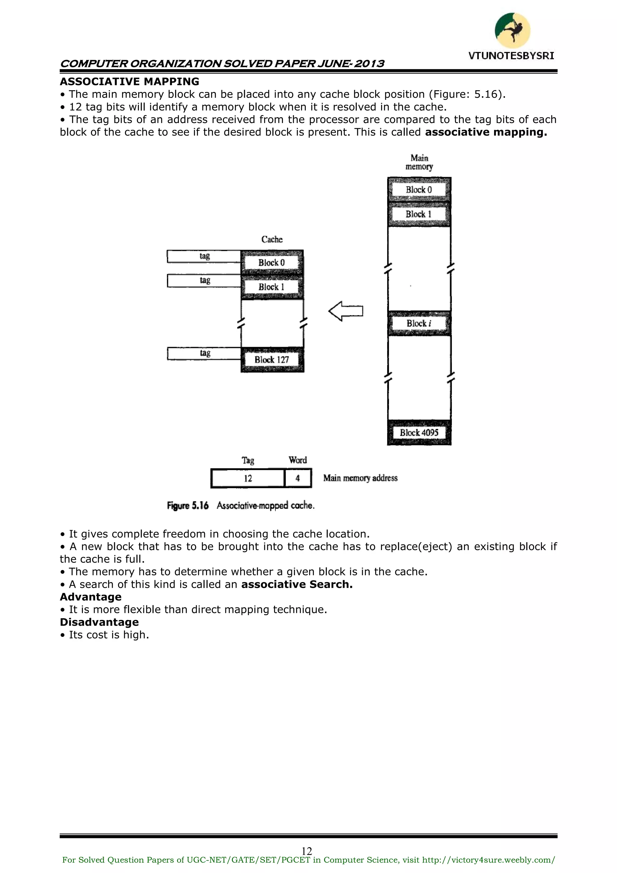 COMPUTER ORGANIZATION SOLVED PAPER JUNE- 2013
12
ASSOCIATIVE MAPPING
• The main memory block can be placed into any cache block position (Figure: 5.16).
• 12 tag bits will identify a memory block when it is resolved in the cache.
• The tag bits of an address received from the processor are compared to the tag bits of each
block of the cache to see if the desired block is present. This is called associative mapping.
• It gives complete freedom in choosing the cache location.
• A new block that has to be brought into the cache has to replace(eject) an existing block if
the cache is full.
• The memory has to determine whether a given block is in the cache.
• A search of this kind is called an associative Search.
Advantage
• It is more flexible than direct mapping technique.
Disadvantage
• Its cost is high.
For Solved Question Papers of UGC-NET/GATE/SET/PGCET in Computer Science, visit http://victory4sure.weebly.com/
VTU
N
O
TESBYSR
I
 
