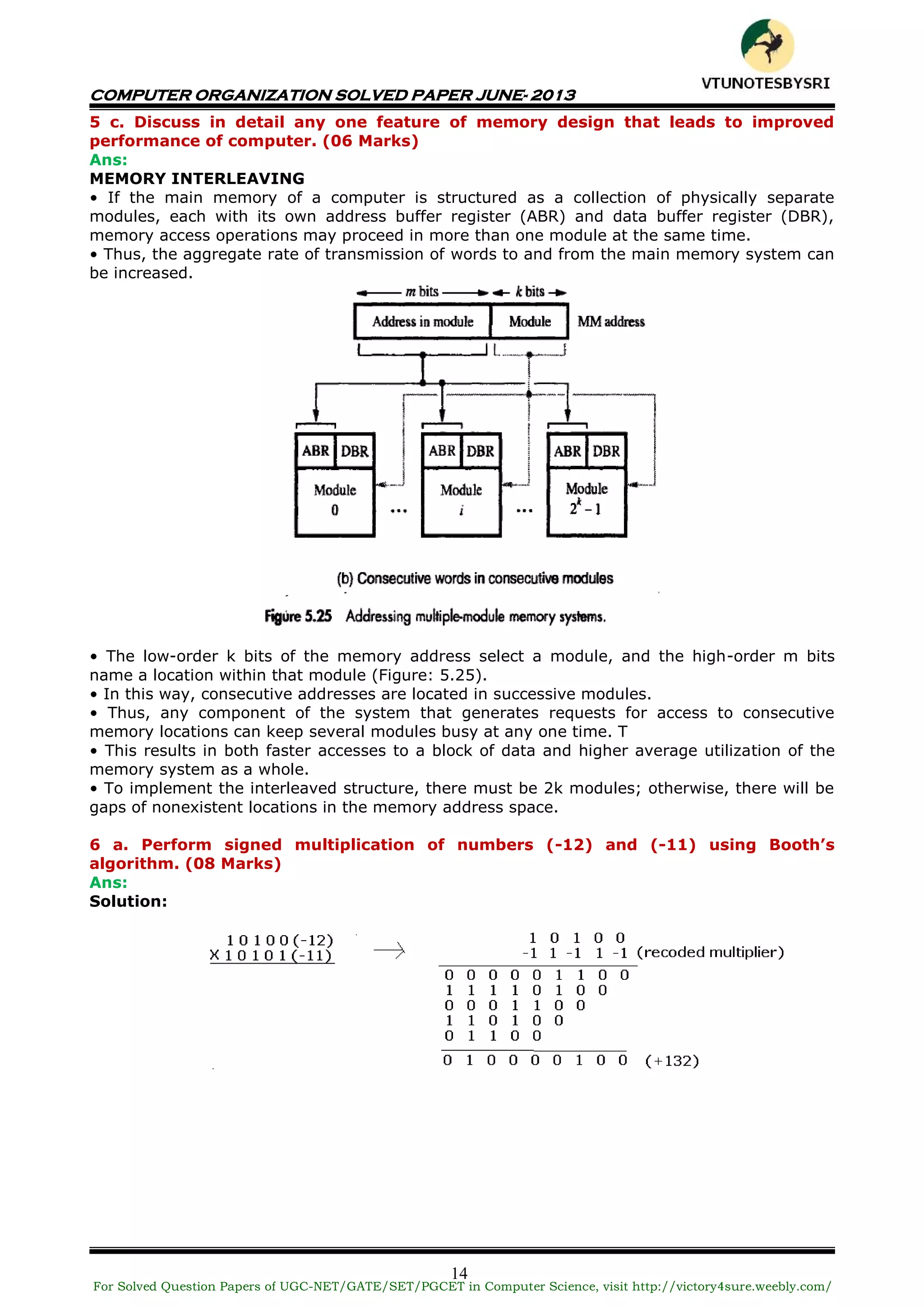 COMPUTER ORGANIZATION SOLVED PAPER JUNE- 2013
14
5 c. Discuss in detail any one feature of memory design that leads to improved
performance of computer. (06 Marks)
Ans:
MEMORY INTERLEAVING
• If the main memory of a computer is structured as a collection of physically separate
modules, each with its own address buffer register (ABR) and data buffer register (DBR),
memory access operations may proceed in more than one module at the same time.
• Thus, the aggregate rate of transmission of words to and from the main memory system can
be increased.
• The low-order k bits of the memory address select a module, and the high-order m bits
name a location within that module (Figure: 5.25).
• In this way, consecutive addresses are located in successive modules.
• Thus, any component of the system that generates requests for access to consecutive
memory locations can keep several modules busy at any one time. T
• This results in both faster accesses to a block of data and higher average utilization of the
memory system as a whole.
• To implement the interleaved structure, there must be 2k modules; otherwise, there will be
gaps of nonexistent locations in the memory address space.
6 a. Perform signed multiplication of numbers (-12) and (-11) using Booth’s
algorithm. (08 Marks)
Ans:
Solution:
For Solved Question Papers of UGC-NET/GATE/SET/PGCET in Computer Science, visit http://victory4sure.weebly.com/
VTU
N
O
TESBYSR
I
 