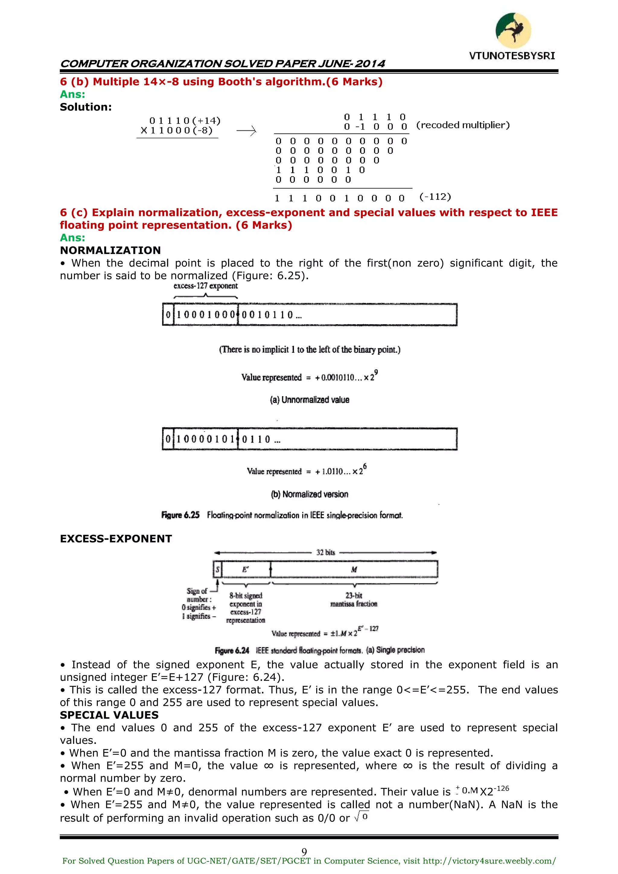 COMPUTER ORGANIZATION SOLVED PAPER JUNE- 2014
9
6 (b) Multiple 14×-8 using Booth's algorithm.(6 Marks)
Ans:
Solution:
6 (c) Explain normalization, excess-exponent and special values with respect to IEEE
floating point representation. (6 Marks)
Ans:
NORMALIZATION
• When the decimal point is placed to the right of the first(non zero) significant digit, the
number is said to be normalized (Figure: 6.25).
EXCESS-EXPONENT
• Instead of the signed exponent E, the value actually stored in the exponent field is an
unsigned integer E’=E+127 (Figure: 6.24).
• This is called the excess-127 format. Thus, E’ is in the range 0<=E’<=255. The end values
of this range 0 and 255 are used to represent special values.
SPECIAL VALUES
• The end values 0 and 255 of the excess-127 exponent E’ are used to represent special
values.
• When E’=0 and the mantissa fraction M is zero, the value exact 0 is represented.
• When E’=255 and M=0, the value ∞ is represented, where ∞ is the result of dividing a
normal number by zero.
• When E’=0 and M≠0, denormal numbers are represented. Their value is X2-126
• When E’=255 and M≠0, the value represented is called not a number(NaN). A NaN is the
result of performing an invalid operation such as 0/0 or
For Solved Question Papers of UGC-NET/GATE/SET/PGCET in Computer Science, visit http://victory4sure.weebly.com/
VTU
N
O
TESBYSR
I
 