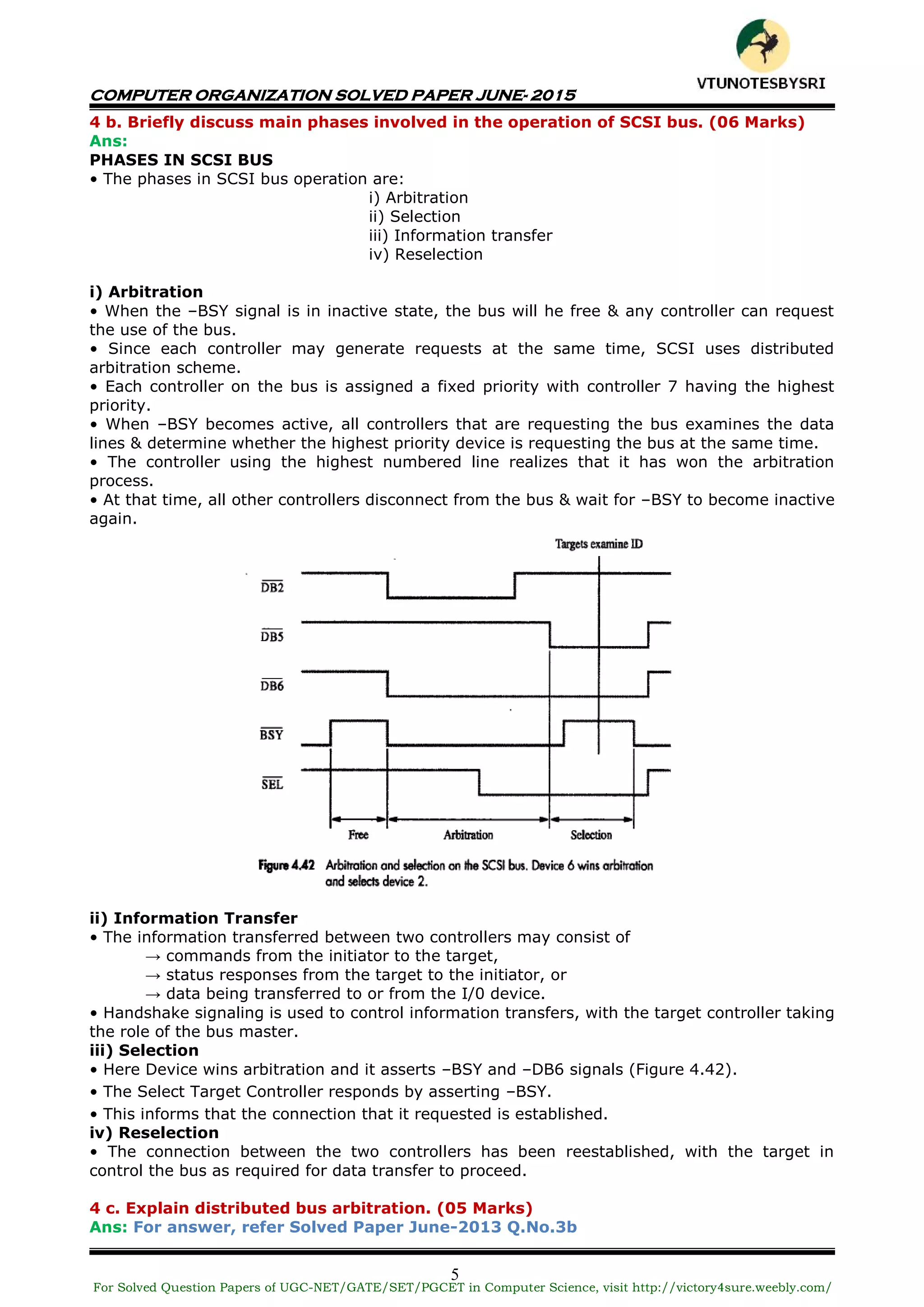 COMPUTER ORGANIZATION SOLVED PAPER JUNE- 2015
5
4 b. Briefly discuss main phases involved in the operation of SCSI bus. (06 Marks)
Ans:
PHASES IN SCSI BUS
• The phases in SCSI bus operation are:
i) Arbitration
ii) Selection
iii) Information transfer
iv) Reselection
i) Arbitration
• When the –BSY signal is in inactive state, the bus will he free & any controller can request
the use of the bus.
• Since each controller may generate requests at the same time, SCSI uses distributed
arbitration scheme.
• Each controller on the bus is assigned a fixed priority with controller 7 having the highest
priority.
• When –BSY becomes active, all controllers that are requesting the bus examines the data
lines & determine whether the highest priority device is requesting the bus at the same time.
• The controller using the highest numbered line realizes that it has won the arbitration
process.
• At that time, all other controllers disconnect from the bus & wait for –BSY to become inactive
again.
ii) Information Transfer
• The information transferred between two controllers may consist of
→ commands from the initiator to the target,
→ status responses from the target to the initiator, or
→ data being transferred to or from the I/0 device.
• Handshake signaling is used to control information transfers, with the target controller taking
the role of the bus master.
iii) Selection
• Here Device wins arbitration and it asserts –BSY and –DB6 signals (Figure 4.42).
• The Select Target Controller responds by asserting –BSY.
• This informs that the connection that it requested is established.
iv) Reselection
• The connection between the two controllers has been reestablished, with the target in
control the bus as required for data transfer to proceed.
4 c. Explain distributed bus arbitration. (05 Marks)
Ans: For answer, refer Solved Paper June-2013 Q.No.3b
For Solved Question Papers of UGC-NET/GATE/SET/PGCET in Computer Science, visit http://victory4sure.weebly.com/
VTU
N
O
TESBYSR
I
 