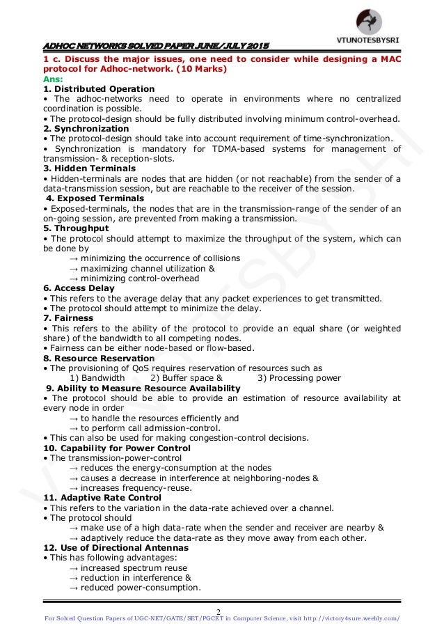 Vtu 8th Sem Cse Adhoc Networks Solved Papers Of June 2014 Dec 14 Ju