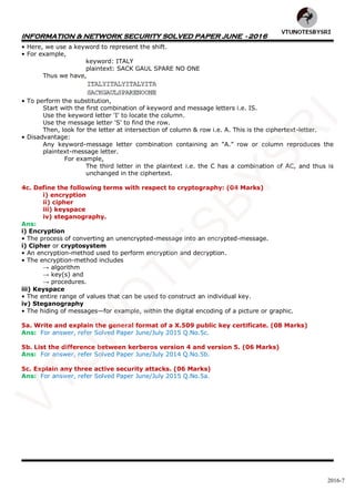 INFORMATION & NETWORK SECURITY SOLVED PAPER JUNE - 2016
2016-7
• Here, we use a keyword to represent the shift.
• For example,
keyword: ITALY
plaintext: SACK GAUL SPARE NO ONE
Thus we have,
• To perform the substitution,
Start with the first combination of keyword and message letters i.e. IS.
Use the keyword letter 'I' to locate the column.
Use the message letter 'S' to find the row.
Then, look for the letter at intersection of column & row i.e. A. This is the ciphertext-letter.
• Disadvantage:
Any keyword-message letter combination containing an “A.” row or column reproduces the
plaintext-message letter.
For example,
The third letter in the plaintext i.e. the C has a combination of AC, and thus is
unchanged in the ciphertext.
4c. Define the following terms with respect to cryptography: (04 Marks)
i) encryption
ii) cipher
iii) keyspace
iv) steganography.
Ans:
i) Encryption
• The process of converting an unencrypted-message into an encrypted-message.
i) Cipher or cryptosystem
• An encryption-method used to perform encryption and decryption.
• The encryption-method includes
→ algorithm
→ key(s) and
→ procedures.
iii) Keyspace
• The entire range of values that can be used to construct an individual key.
iv) Steganography
• The hiding of messages—for example, within the digital encoding of a picture or graphic.
5a. Write and explain the general format of a X.509 public key certificate. (08 Marks)
Ans: For answer, refer Solved Paper June/July 2015 Q.No.5c.
5b. List the difference between kerberos version 4 and version 5. (06 Marks)
Ans: For answer, refer Solved Paper June/July 2014 Q.No.5b.
5c. Explain any three active security attacks. (06 Marks)
Ans: For answer, refer Solved Paper June/July 2015 Q.No.5a.
VTU
N
O
TESBYSR
I
 