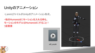 ・(.anim)ファイルがUnityのアニメーション形式。
・他のHumanoidにモーションを入れる時も、
モーションのモデルはHumanoidにすること！
↑超重要
24
Unityのアニメーション
 