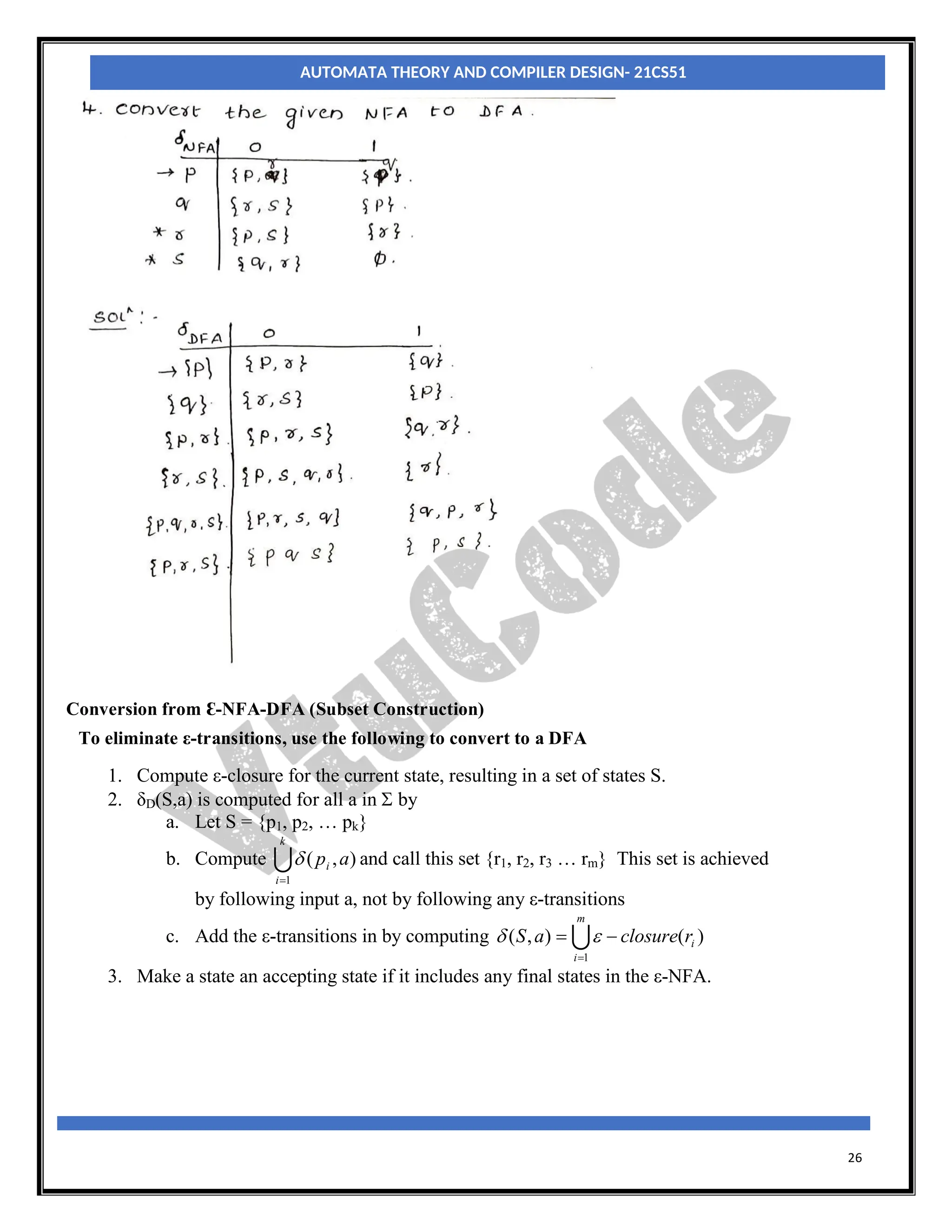 26
Conversion from Ɛ-NFA-DFA (Subset Construction)
To eliminate ε-transitions, use the following to convert to a DFA
1. Compute ε-closure for the current state, resulting in a set of states S.
2. δD(S,a) is computed for all a in  by
a. Let S = {p1, p2, … pk}
b. Compute 
k
i
i a
p
1
)
,
(

 and call this set {r1, r2, r3 … rm} This set is achieved
by following input a, not by following any ε-transitions
c. Add the ε-transitions in by computing 
m
i
i
r
closure
a
S
1
)
(
)
,
(


 

3. Make a state an accepting state if it includes any final states in the ε-NFA.
AUTOMATA THEORY AND COMPILER DESIGN- 21CS51
 
