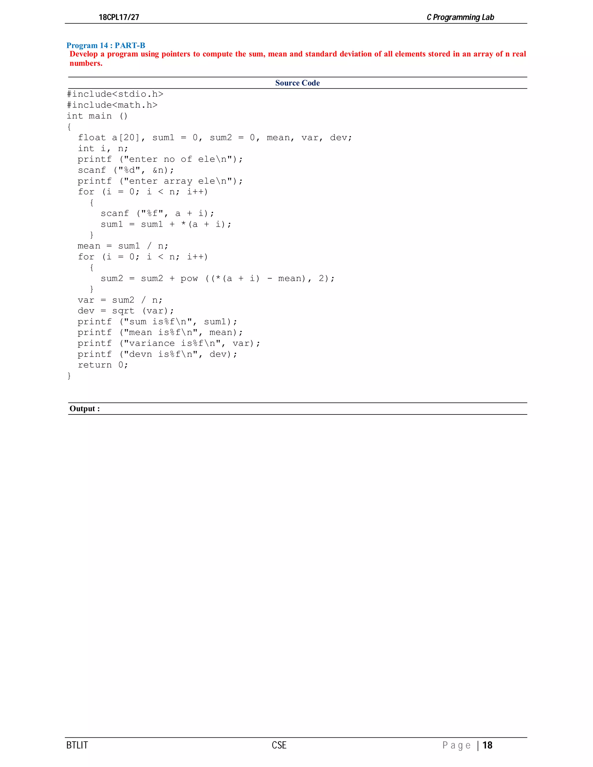 C Programming Lab manual 18CPL17 | PDF