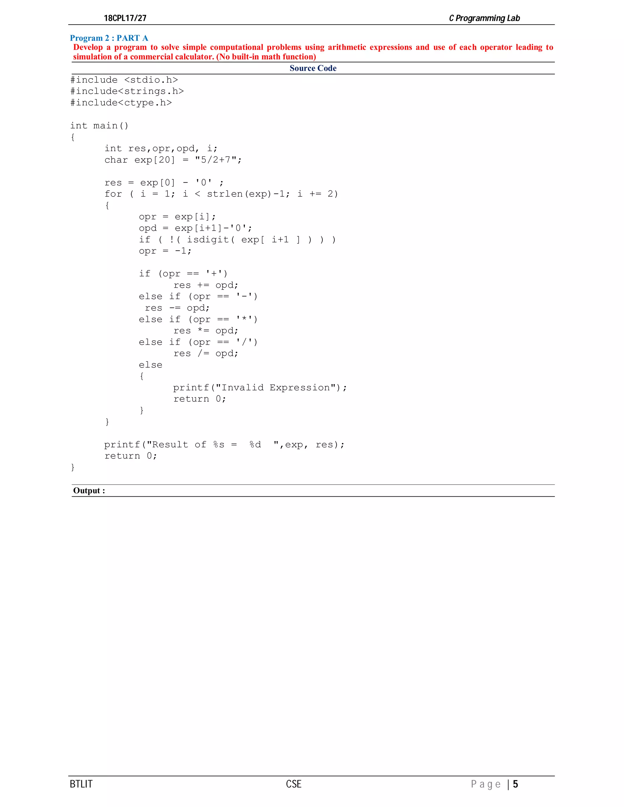 C Programming Lab manual 18CPL17 | PDF