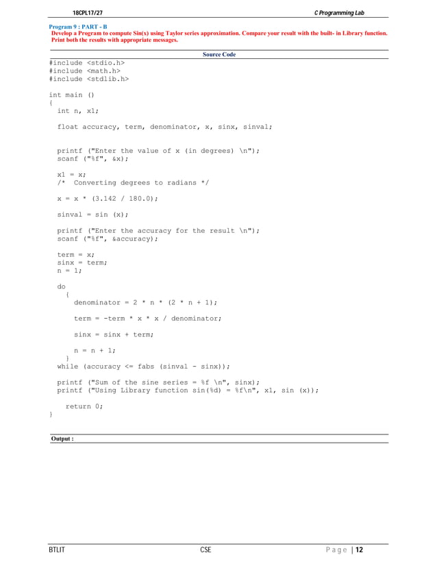 C Programming Lab manual 18CPL17 | PDF | Programming Languages | Computing