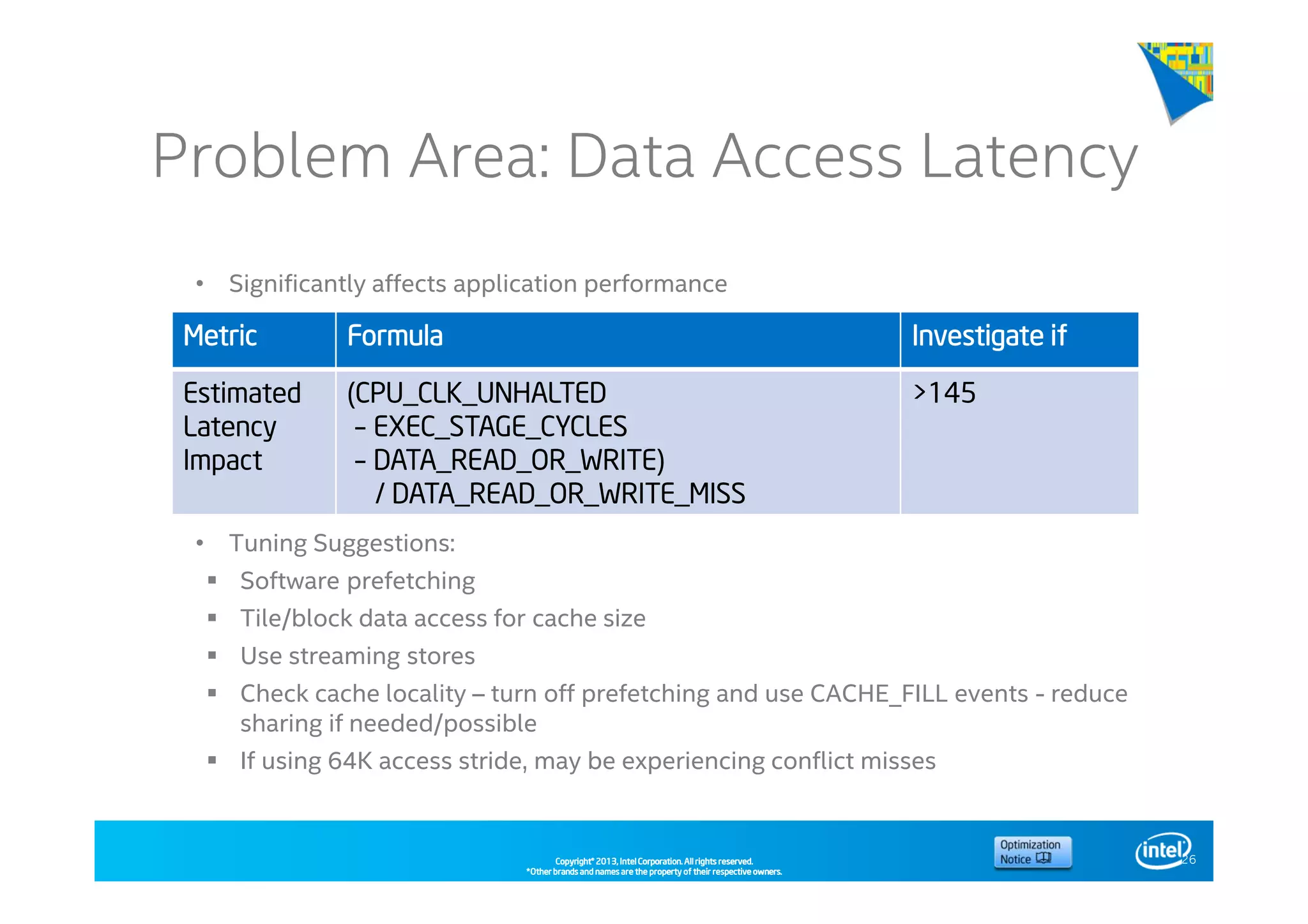 Copyright©Copyright©Copyright©Copyright© 2013,2013,2013,2013, Intel Corporation. All rights reserved.Intel Corporation. All rights reserved.Intel Corporation. All rights reserved.Intel Corporation. All rights reserved.
*Other brands and names are the property of their respective owners.*Other brands and names are the property of their respective owners.*Other brands and names are the property of their respective owners.*Other brands and names are the property of their respective owners.
Problem Area: Data Access Latency
• Significantly affects application performance
• Tuning Suggestions:
Software prefetching
Tile/block data access for cache size
Use streaming stores
Check cache locality – turn off prefetching and use CACHE_FILL events - reduce
sharing if needed/possible
If using 64K access stride, may be experiencing conflict misses
26
MetricMetricMetricMetric FormulaFormulaFormulaFormula InvestigateInvestigateInvestigateInvestigate ifififif
Estimated
Latency
Impact
(CPU_CLK_UNHALTED
– EXEC_STAGE_CYCLES
– DATA_READ_OR_WRITE)
/ DATA_READ_OR_WRITE_MISS
>145
 