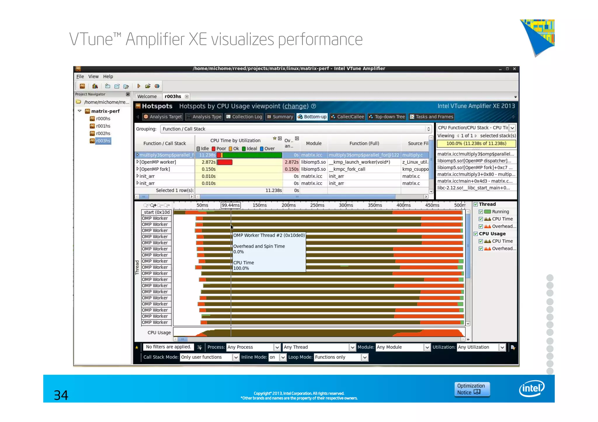 Copyright©Copyright©Copyright©Copyright© 2013,2013,2013,2013, Intel Corporation. All rights reserved.Intel Corporation. All rights reserved.Intel Corporation. All rights reserved.Intel Corporation. All rights reserved.
*Other brands and names are the property of their respective owners.*Other brands and names are the property of their respective owners.*Other brands and names are the property of their respective owners.*Other brands and names are the property of their respective owners.
VTune™ Amplifier XE visualizes performance
34
 