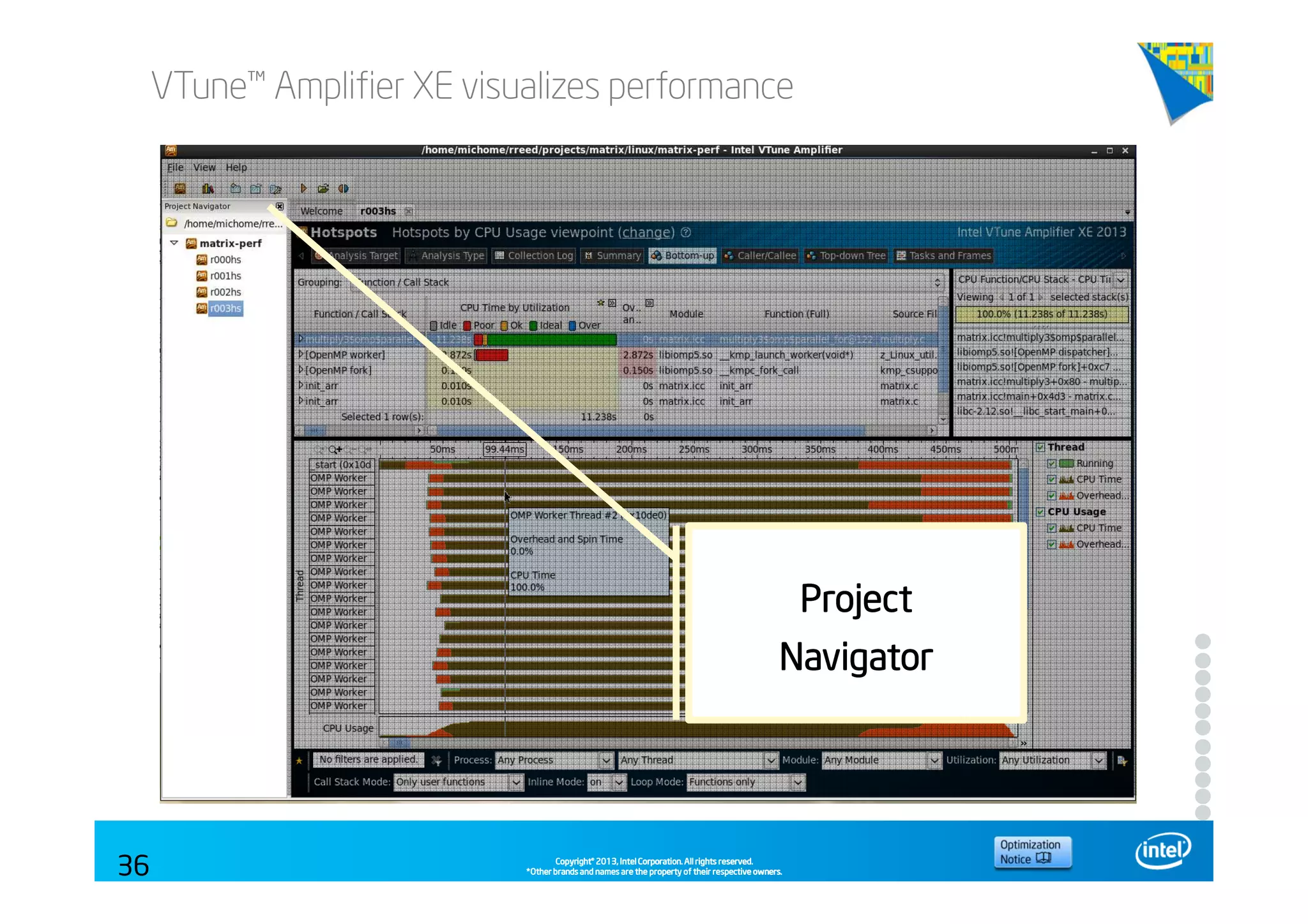Copyright©Copyright©Copyright©Copyright© 2013,2013,2013,2013, Intel Corporation. All rights reserved.Intel Corporation. All rights reserved.Intel Corporation. All rights reserved.Intel Corporation. All rights reserved.
*Other brands and names are the property of their respective owners.*Other brands and names are the property of their respective owners.*Other brands and names are the property of their respective owners.*Other brands and names are the property of their respective owners.
VTune™ Amplifier XE visualizes performance
36
ProjectProjectProjectProject
NavigatorNavigatorNavigatorNavigator
 