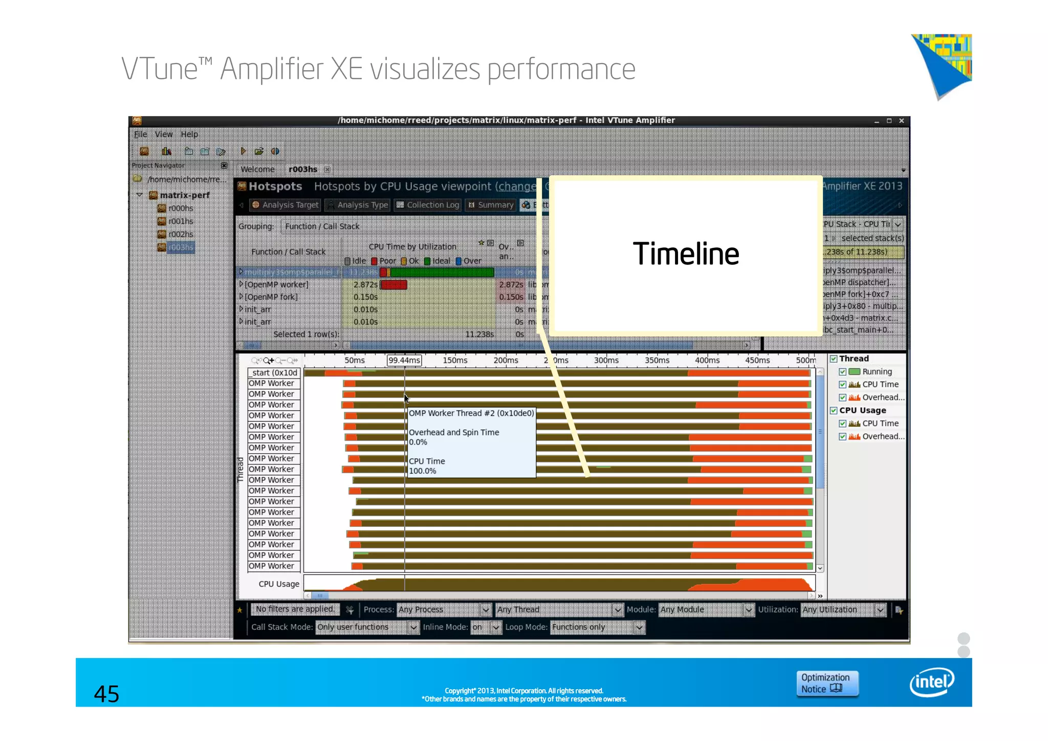 Copyright©Copyright©Copyright©Copyright© 2013,2013,2013,2013, Intel Corporation. All rights reserved.Intel Corporation. All rights reserved.Intel Corporation. All rights reserved.Intel Corporation. All rights reserved.
*Other brands and names are the property of their respective owners.*Other brands and names are the property of their respective owners.*Other brands and names are the property of their respective owners.*Other brands and names are the property of their respective owners.
VTune™ Amplifier XE visualizes performance
45
TimelineTimelineTimelineTimeline
 