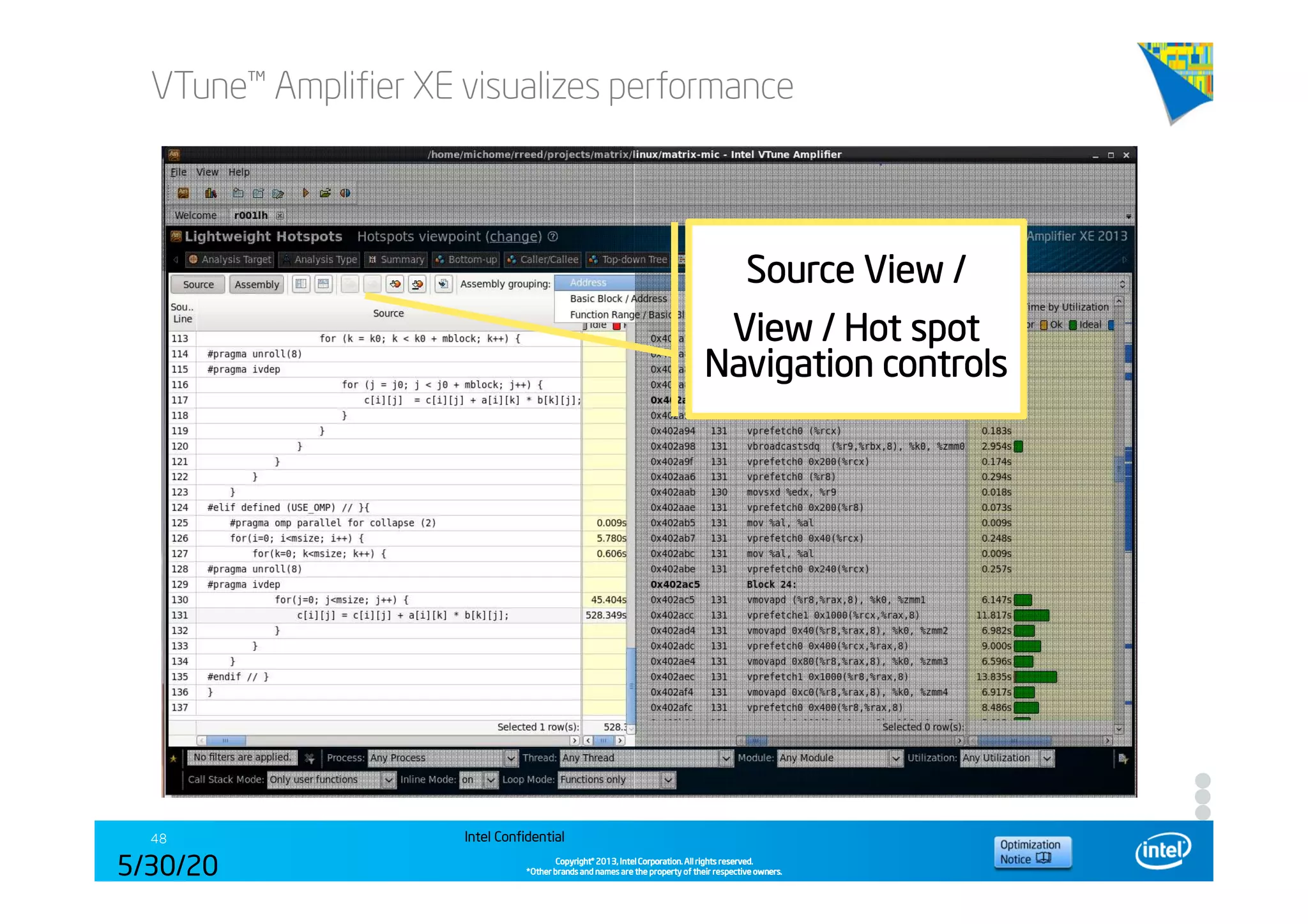 Copyright©Copyright©Copyright©Copyright© 2013,2013,2013,2013, Intel Corporation. All rights reserved.Intel Corporation. All rights reserved.Intel Corporation. All rights reserved.Intel Corporation. All rights reserved.
*Other brands and names are the property of their respective owners.*Other brands and names are the property of their respective owners.*Other brands and names are the property of their respective owners.*Other brands and names are the property of their respective owners.
VTune™ Amplifier XE visualizes performance
Intel Confidential48
5/30/20
14
Source View /Source View /Source View /Source View /
View / Hot spotView / Hot spotView / Hot spotView / Hot spot
Navigation controlsNavigation controlsNavigation controlsNavigation controls
 
