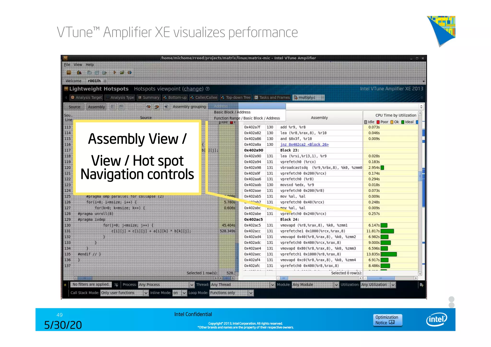 Copyright©Copyright©Copyright©Copyright© 2013,2013,2013,2013, Intel Corporation. All rights reserved.Intel Corporation. All rights reserved.Intel Corporation. All rights reserved.Intel Corporation. All rights reserved.
*Other brands and names are the property of their respective owners.*Other brands and names are the property of their respective owners.*Other brands and names are the property of their respective owners.*Other brands and names are the property of their respective owners.
VTune™ Amplifier XE visualizes performance
Intel Confidential49
5/30/20
14
Assembly View /Assembly View /Assembly View /Assembly View /
View / Hot spotView / Hot spotView / Hot spotView / Hot spot
Navigation controlsNavigation controlsNavigation controlsNavigation controls
 