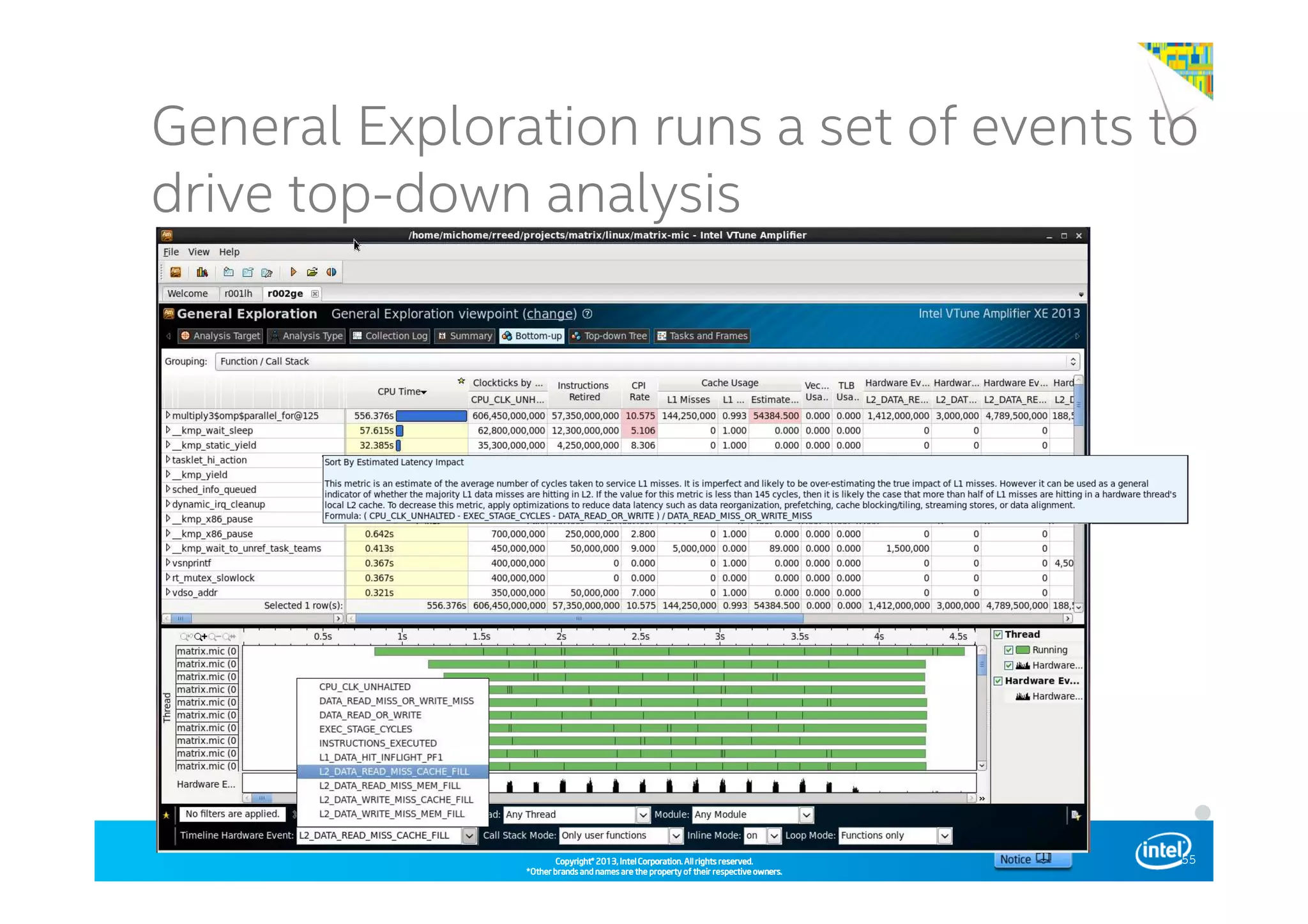 Copyright©Copyright©Copyright©Copyright© 2013,2013,2013,2013, Intel Corporation. All rights reserved.Intel Corporation. All rights reserved.Intel Corporation. All rights reserved.Intel Corporation. All rights reserved.
*Other brands and names are the property of their respective owners.*Other brands and names are the property of their respective owners.*Other brands and names are the property of their respective owners.*Other brands and names are the property of their respective owners.
Intel® Software Conference 2014
General Exploration runs a set of events to
drive top-down analysis
55
 