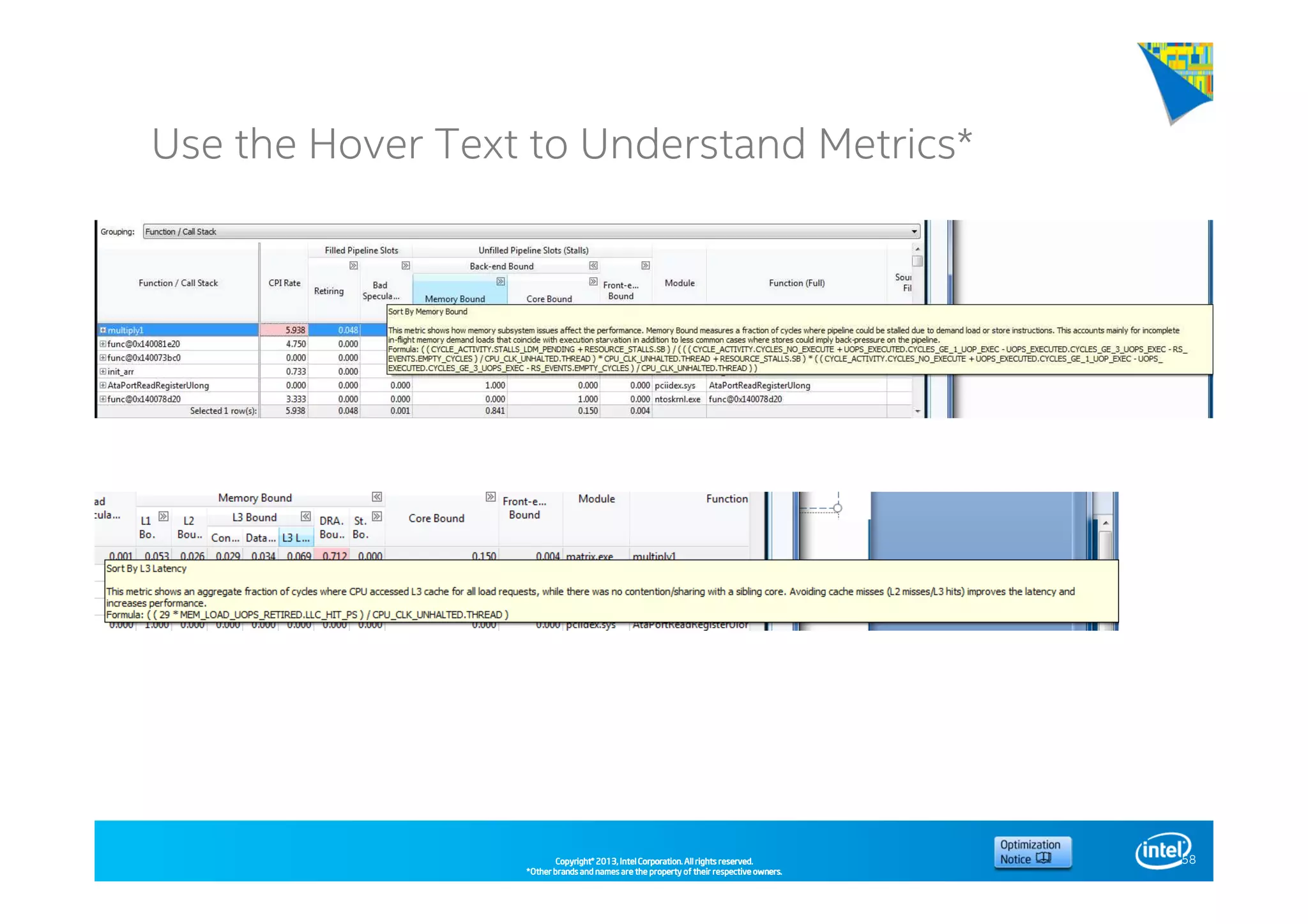 Copyright©Copyright©Copyright©Copyright© 2013,2013,2013,2013, Intel Corporation. All rights reserved.Intel Corporation. All rights reserved.Intel Corporation. All rights reserved.Intel Corporation. All rights reserved.
*Other brands and names are the property of their respective owners.*Other brands and names are the property of their respective owners.*Other brands and names are the property of their respective owners.*Other brands and names are the property of their respective owners.
Use the Hover Text to Understand Metrics*
*Suggestions welcome: Submit issues if the text isn’t helpful
58
 