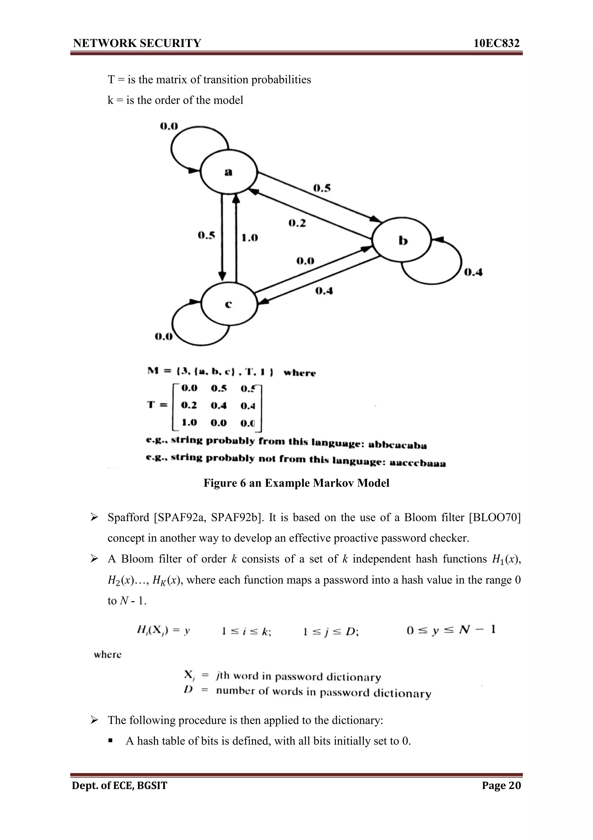 NETWORK SECURITY 10EC832
Dept. of ECE, BGSIT Page 20
T = is the matrix of transition probabilities
k = is the order of the model
Figure 6 an Example Markov Model
 Spafford [SPAF92a, SPAF92b]. It is based on the use of a Bloom filter [BLOO70]
concept in another way to develop an effective proactive password checker.
 A Bloom filter of order k consists of a set of k independent hash functions 𝐻1(x),
𝐻2(x)…, 𝐻 𝐾(x), where each function maps a password into a hash value in the range 0
to N - 1.
 The following procedure is then applied to the dictionary:
 A hash table of bits is defined, with all bits initially set to 0.
 