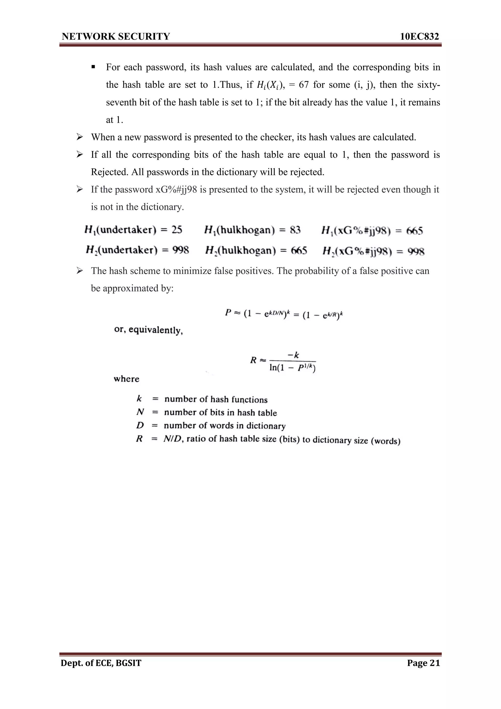 NETWORK SECURITY 10EC832
Dept. of ECE, BGSIT Page 21
 For each password, its hash values are calculated, and the corresponding bits in
the hash table are set to 1.Thus, if 𝐻𝑖(𝑋𝑖), = 67 for some (i, j), then the sixty-
seventh bit of the hash table is set to 1; if the bit already has the value 1, it remains
at 1.
 When a new password is presented to the checker, its hash values are calculated.
 If all the corresponding bits of the hash table are equal to 1, then the password is
Rejected. All passwords in the dictionary will be rejected.
 If the password xG%#jj98 is presented to the system, it will be rejected even though it
is not in the dictionary.
 The hash scheme to minimize false positives. The probability of a false positive can
be approximated by:
 