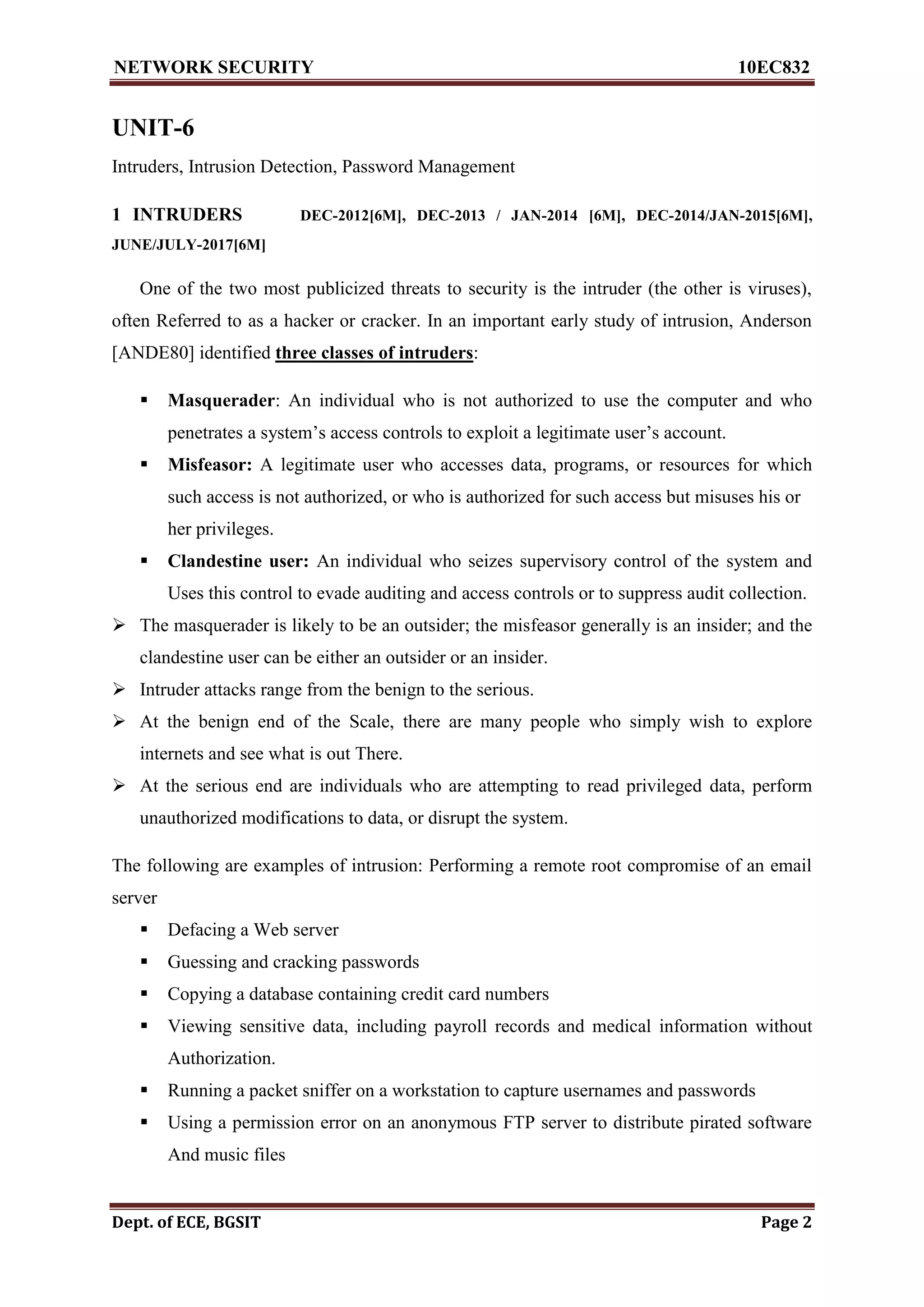 NETWORK SECURITY 10EC832
Dept. of ECE, BGSIT Page 2
UNIT-6
Intruders, Intrusion Detection, Password Management
1 INTRUDERS DEC-2012[6M], DEC-2013 / JAN-2014 [6M], DEC-2014/JAN-2015[6M],
JUNE/JULY-2017[6M]
One of the two most publicized threats to security is the intruder (the other is viruses),
often Referred to as a hacker or cracker. In an important early study of intrusion, Anderson
[ANDE80] identified three classes of intruders:
 Masquerader: An individual who is not authorized to use the computer and who
penetrates a system’s access controls to exploit a legitimate user’s account.
 Misfeasor: A legitimate user who accesses data, programs, or resources for which
such access is not authorized, or who is authorized for such access but misuses his or
her privileges.
 Clandestine user: An individual who seizes supervisory control of the system and
Uses this control to evade auditing and access controls or to suppress audit collection.
 The masquerader is likely to be an outsider; the misfeasor generally is an insider; and the
clandestine user can be either an outsider or an insider.
 Intruder attacks range from the benign to the serious.
 At the benign end of the Scale, there are many people who simply wish to explore
internets and see what is out There.
 At the serious end are individuals who are attempting to read privileged data, perform
unauthorized modifications to data, or disrupt the system.
The following are examples of intrusion: Performing a remote root compromise of an email
server
 Defacing a Web server
 Guessing and cracking passwords
 Copying a database containing credit card numbers
 Viewing sensitive data, including payroll records and medical information without
Authorization.
 Running a packet sniffer on a workstation to capture usernames and passwords
 Using a permission error on an anonymous FTP server to distribute pirated software
And music files
 