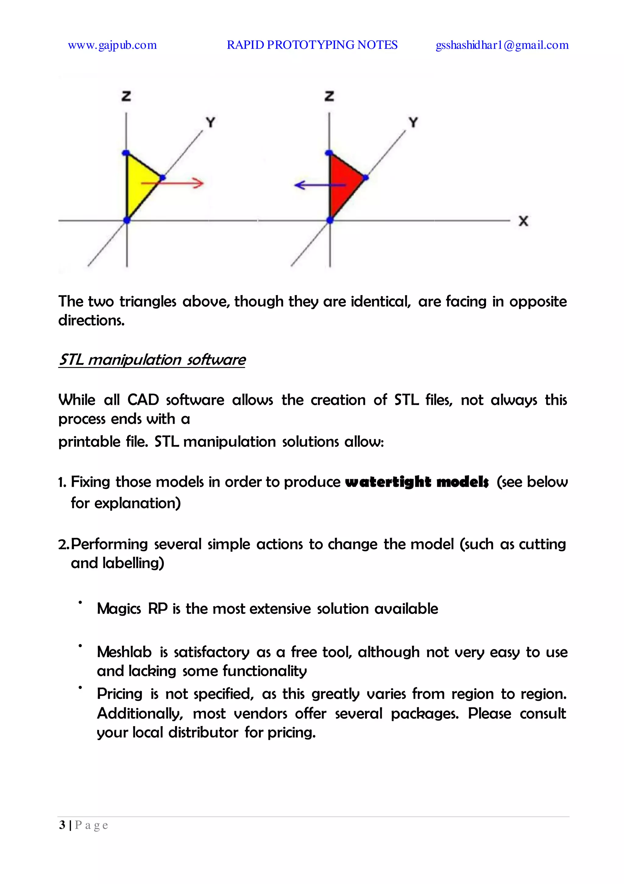 www.gajpub.com RAPID PROTOTYPING NOTES gsshashidhar1@gmail.com
3 | P a g e
The two triangles above, though they are identical, are facing in opposite
directions.
STL manipulation software
While all CAD software allows the creation of STL files, not always this
process ends with a
printable file. STL manipulation solutions allow:
1. Fixing those models in order to produce watertight models (see below
for explanation)
2.Performing several simple actions to change the model (such as cutting
and labelling)
•
Magics RP is the most extensive solution available
•
Meshlab is satisfactory as a free tool, although not very easy to use
and lacking some functionality
•
Pricing is not specified, as this greatly varies from region to region.
Additionally, most vendors offer several packages. Please consult
your local distributor for pricing.
 
