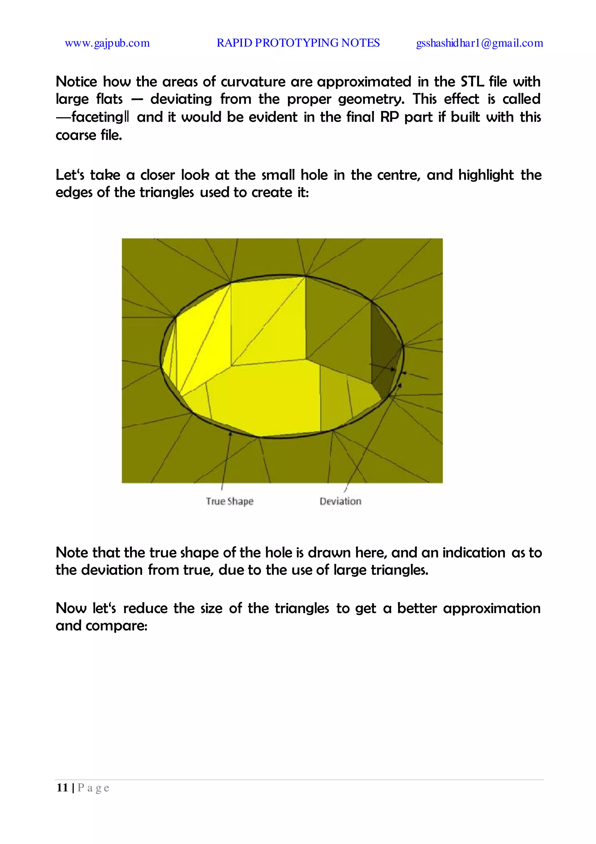 www.gajpub.com RAPID PROTOTYPING NOTES gsshashidhar1@gmail.com
11 | P a g e
Notice how the areas of curvature are approximated in the STL file with
large flats — deviating from the proper geometry. This effect is called
―faceting‖ and it would be evident in the final RP part if built with this
coarse file.
Let‘s take a closer look at the small hole in the centre, and highlight the
edges of the triangles used to create it:
Note that the true shape of the hole is drawn here, and an indication as to
the deviation from true, due to the use of large triangles.
Now let‘s reduce the size of the triangles to get a better approximation
and compare:
 