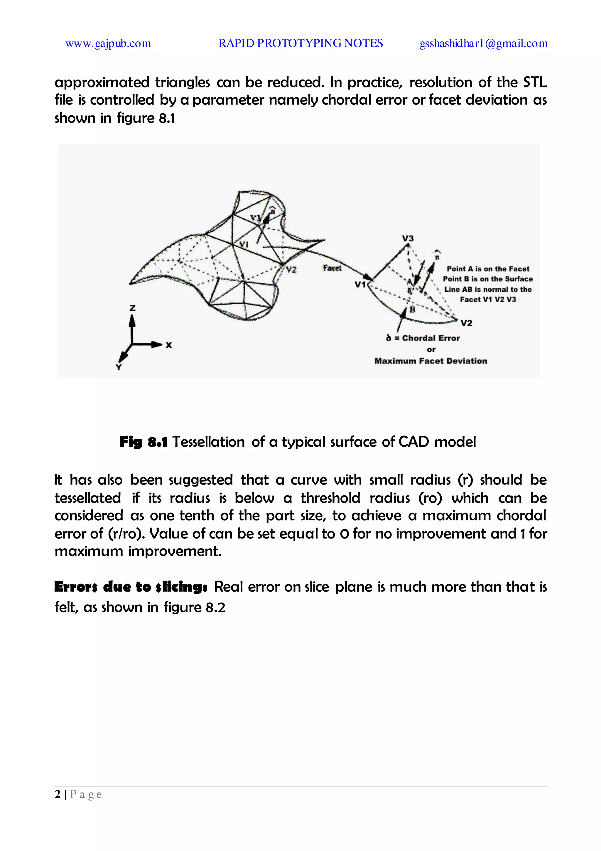 www.gajpub.com RAPID PROTOTYPING NOTES gsshashidhar1@gmail.com
2 | P a g e
approximated triangles can be reduced. In practice, resolution of the STL
file is controlled by a parameter namely chordal error or facet deviation as
shown in figure 8.1
Fig 8.1 Tessellation of a typical surface of CAD model
It has also been suggested that a curve with small radius (r) should be
tessellated if its radius is below a threshold radius (ro) which can be
considered as one tenth of the part size, to achieve a maximum chordal
error of (r/ro). Value of can be set equal to 0 for no improvement and 1 for
maximum improvement.
Errors due to slicing: Real error on slice plane is much more than that is
felt, as shown in figure 8.2
 