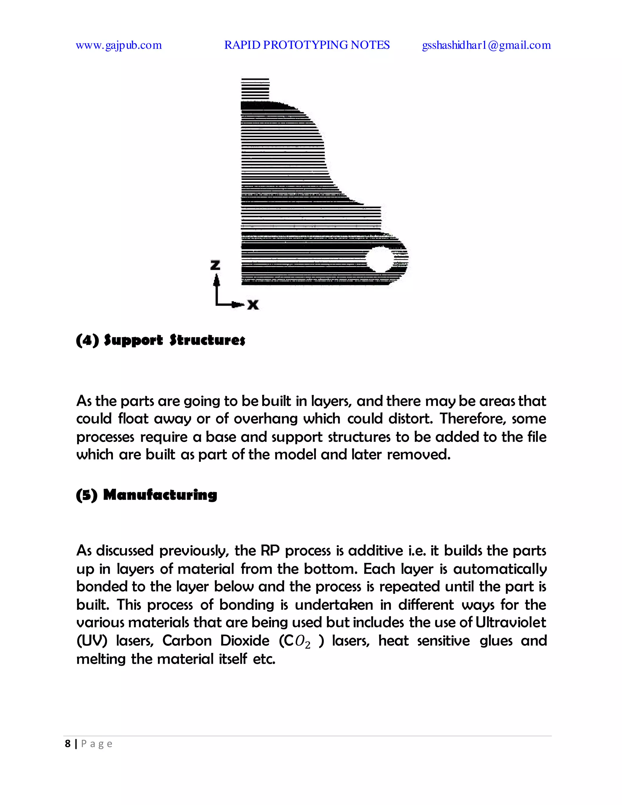 www.gajpub.com RAPID PROTOTYPING NOTES gsshashidhar1@gmail.com
8 | P a g e
(4) Support Structures
As the parts are going to be built in layers, and there may be areas that
could float away or of overhang which could distort. Therefore, some
processes require a base and support structures to be added to the file
which are built as part of the model and later removed.
(5) Manufacturing
As discussed previously, the RP process is additive i.e. it builds the parts
up in layers of material from the bottom. Each layer is automatically
bonded to the layer below and the process is repeated until the part is
built. This process of bonding is undertaken in different ways for the
various materials that are being used but includes the use of Ultraviolet
(UV) lasers, Carbon Dioxide (C�2 ) lasers, heat sensitive glues and
melting the material itself etc.
 