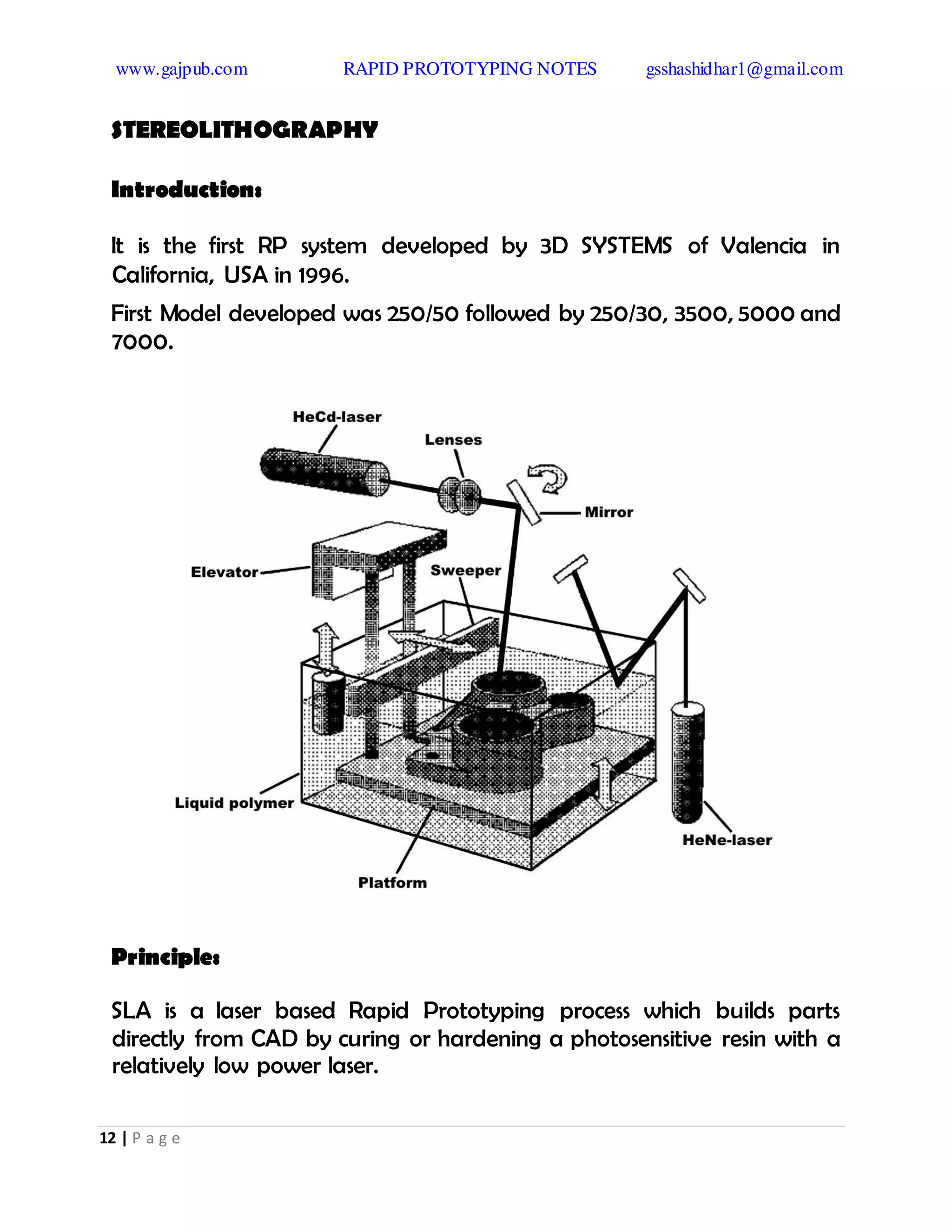 www.gajpub.com RAPID PROTOTYPING NOTES gsshashidhar1@gmail.com
12 | P a g e
STEREOLITHOGRAPHY
Introduction:
It is the first RP system developed by 3D SYSTEMS of Valencia in
California, USA in 1996.
First Model developed was 250/50 followed by 250/30, 3500, 5000 and
7000.
Principle:
SLA is a laser based Rapid Prototyping process which builds parts
directly from CAD by curing or hardening a photosensitive resin with a
relatively low power laser.
 