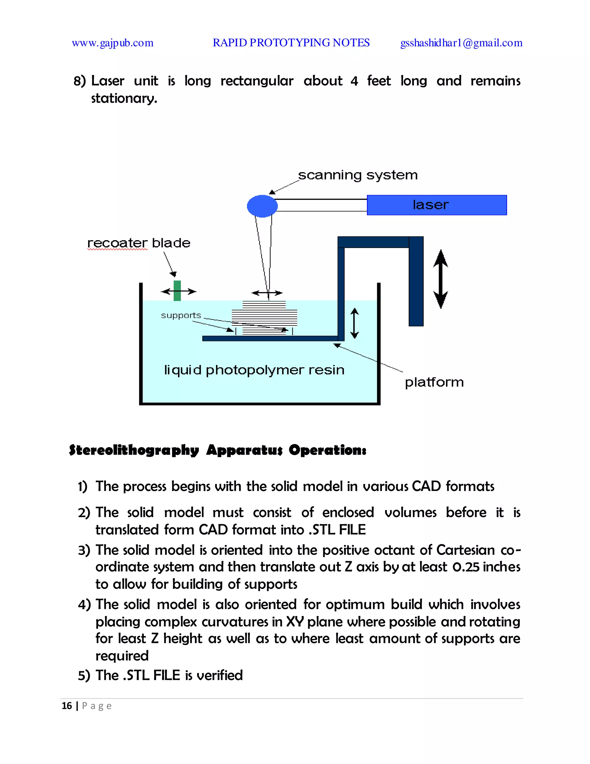 www.gajpub.com RAPID PROTOTYPING NOTES gsshashidhar1@gmail.com
16 | P a g e
8) Laser unit is long rectangular about 4 feet long and remains
stationary.
Stereolithography Apparatus Operation:
1) The process begins with the solid model in various CAD formats
2) The solid model must consist of enclosed volumes before it is
translated form CAD format into .STL FILE
3) The solid model is oriented into the positive octant of Cartesian co-
ordinate system and then translate out Z axis by at least 0.25 inches
to allow for building of supports
4) The solid model is also oriented for optimum build which involves
placing complex curvatures in XY plane where possible and rotating
for least Z height as well as to where least amount of supports are
required
5) The .STL FILE is verified
 