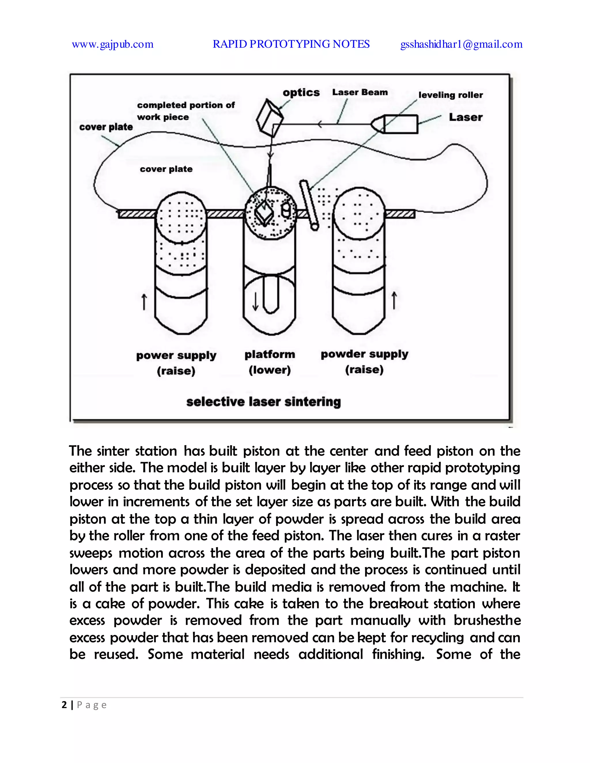 www.gajpub.com RAPID PROTOTYPING NOTES gsshashidhar1@gmail.com
2 | P a g e
The sinter station has built piston at the center and feed piston on the
either side. The model is built layer by layer like other rapid prototyping
process so that the build piston will begin at the top of its range and will
lower in increments of the set layer size as parts are built. With the build
piston at the top a thin layer of powder is spread across the build area
by the roller from one of the feed piston. The laser then cures in a raster
sweeps motion across the area of the parts being built.The part piston
lowers and more powder is deposited and the process is continued until
all of the part is built.The build media is removed from the machine. It
is a cake of powder. This cake is taken to the breakout station where
excess powder is removed from the part manually with brushesthe
excess powder that has been removed can be kept for recycling and can
be reused. Some material needs additional finishing. Some of the
 
