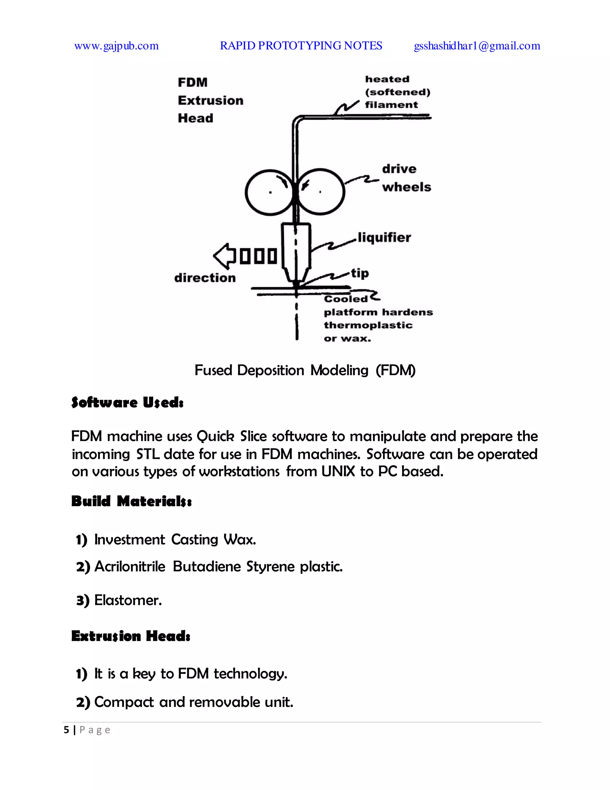 www.gajpub.com RAPID PROTOTYPING NOTES gsshashidhar1@gmail.com
5 | P a g e
Fused Deposition Modeling (FDM)
Software Used:
FDM machine uses Quick Slice software to manipulate and prepare the
incoming STL date for use in FDM machines. Software can be operated
on various types of workstations from UNIX to PC based.
Build Materials:
1) Investment Casting Wax.
2) Acrilonitrile Butadiene Styrene plastic.
3) Elastomer.
Extrusion Head:
1) It is a key to FDM technology.
2) Compact and removable unit.
 