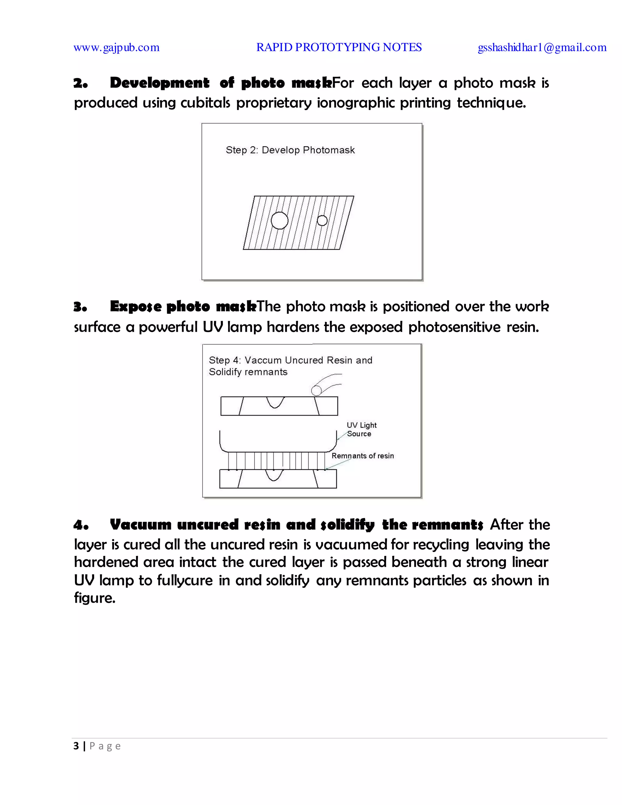 www.gajpub.com RAPID PROTOTYPING NOTES gsshashidhar1@gmail.com
3 | P a g e
2. Development of photo maskFor each layer a photo mask is
produced using cubitals proprietary ionographic printing technique.
3. Expose photo maskThe photo mask is positioned over the work
surface a powerful UV lamp hardens the exposed photosensitive resin.
4. Vacuum uncured resin and solidify the remnants After the
layer is cured all the uncured resin is vacuumed for recycling leaving the
hardened area intact the cured layer is passed beneath a strong linear
UV lamp to fullycure in and solidify any remnants particles as shown in
figure.
 