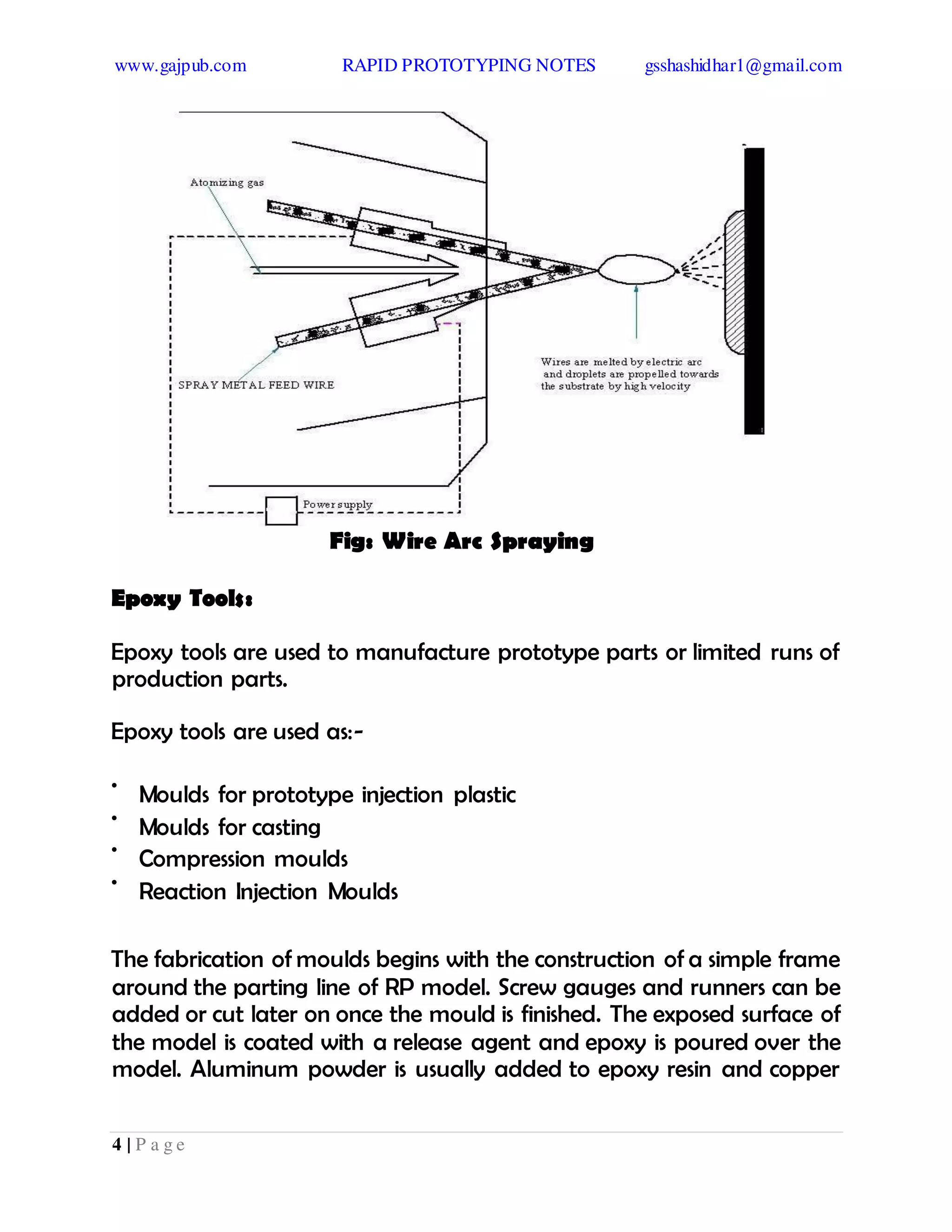 www.gajpub.com RAPID PROTOTYPING NOTES gsshashidhar1@gmail.com
4 | P a g e
Fig: Wire Arc Spraying
Epoxy Tools:
Epoxy tools are used to manufacture prototype parts or limited runs of
production parts.
Epoxy tools are used as:-
•
Moulds for prototype injection plastic
•
Moulds for casting
•
Compression moulds
•
Reaction Injection Moulds
The fabrication of moulds begins with the construction of a simple frame
around the parting line of RP model. Screw gauges and runners can be
added or cut later on once the mould is finished. The exposed surface of
the model is coated with a release agent and epoxy is poured over the
model. Aluminum powder is usually added to epoxy resin and copper
 