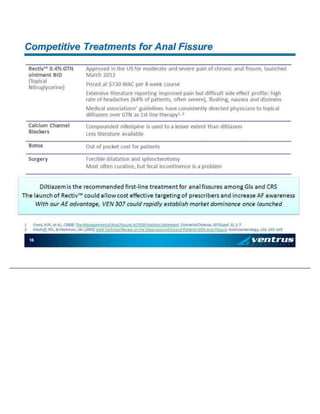 18 C o mp et it iv e Trea tm en ts for An a l Fissu re 1 C ro ss, KLR . , et al ., (2 00 8 ) Th e M an ag e men t o f An al Fis su re : ACPGB I Po si ti on St at em en t . C o lo rec ta l Dise ase , 1 0 (Su p pl . 3 ), 1 - 7. 2 M ad o ff , RD. , & Fl esh ma n , J W . (2 00 3 ) AGA T ech n i cal R ev i ew o n t h e Di ag n o sis an d C are o f Pat ie nt s Wit h An al Fis su re . Gast ro en te rol o gy , 1 24 , 2 35 – 24 5 Di lt ia zem i s t he rec o mmen d ed fi rst - li ne t re at men t fo r an a l fi ssu res amo n g GIs a nd C R S Th e l au n ch o f R ec ti v ™ c o ul d a ll ow co st effec ti v e t arg et in g o f p resc rib ers an d i nc rea se AF awa ren ess Wi th o u r AE ad v an ta ge , VEN 3 0 7 co u ld ra p id ly est ab li sh ma rke t do mi n an ce o n ce la u nc he d R ec ti v ™ 0 . 4% GT N o in tm en t BID (T op i ca l Ni tro g ly c erin e ) App ro v ed i n th e US fo r mo d erat e an d se ve re pa in o f c h ro n ic a na l fissu re, l au n ch ed M a rc h 2 0 12 Pri ce d at $ 7 30 WAC p er 8 we ek c ou rse Ex t en siv e l it erat u re rep o rti n g imp ro ve d p ai n b ut d i ffi cu lt si d e effec t p ro fil e: h ig h rat e of he ad a ch es (6 4 % o f p at ie nt s, oft en se v ere), flu sh in g , na u sea a nd d i zz in ess M ed i cal a sso ci at io n s ’ gu i de li n es h a ve c on si ste n tl y d irec te d p hy si ci an s to t o pi ca l di lt ia ze m o v er GT N a s 1 st li n e t h erap y 1 , 2 C al ci um Ch a nn e l Bl oc k ers C o mp o un d ed n i fe d ip in e i s u sed t o a le sse r ex t en t th an d i lt ia ze m Le ss li te ra tu re av ai la b le B ot o x Out o f p o ck et c o st fo r p a ti en ts Su rg e ry Forc ib le d i la tat i on a n d sp hi n ct ero to my M o st o ft en cu rat iv e, b u t fe ca l i n co n ti ne n ce is a p ro b le m
 