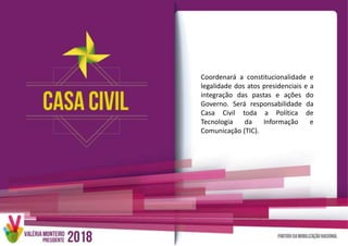 Coordenará a constitucionalidade e
legalidade dos atos presidenciais e a
integração das pastas e ações do
Governo. Será responsabilidade da
Casa Civil toda a Política de
Tecnologia da Informação e
Comunicação (TIC).
 