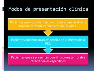 Modos de presentación clínica
Pacientes que se presentan con síndromes tumorales
intracraneales especíﬁcos.
Pacientes que muestran evidencias de aumento de la
PIC.
Pacientes que se presentan con trastorno general de la
función cerebral, cefaleas o convulsiones.
 