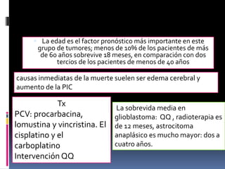  La edad es el factor pronóstico más importante en este
grupo de tumores; menos de 10% de los pacientes de más
de 60 años sobrevive 18 meses, en comparación con dos
tercios de los pacientes de menos de 40 años
causas inmediatas de la muerte suelen ser edema cerebral y
aumento de la PIC
Tx
PCV: procarbacina,
lomustina y vincristina. El
cisplatino y el
carboplatino
Intervención QQ
La sobrevida media en
glioblastoma: QQ , radioterapia es
de 12 meses, astrocitoma
anaplásico es mucho mayor: dos a
cuatro años.
 