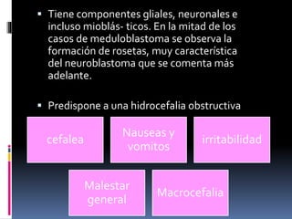  Tiene componentes gliales, neuronales e
incluso mioblás- ticos. En la mitad de los
casos de meduloblastoma se observa la
formación de rosetas, muy característica
del neuroblastoma que se comenta más
adelante.
 Predispone a una hidrocefalia obstructiva
cefalea
Nauseas y
vomitos
irritabilidad
Malestar
general
Macrocefalia
 