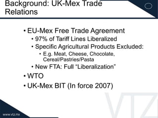Background: UK-Mex Trade
Relations
• EU-Mex Free Trade Agreement
• 97% of Tariff Lines Liberalized
• Specific Agricultural Products Excluded:
• E.g. Meat, Cheese, Chocolate,
Cereal/Pastries/Pasta
• New FTA: Full “Liberalization”
• WTO
• UK-Mex BIT (In force 2007)
 