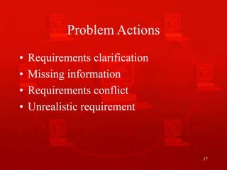 17
Problem Actions
• Requirements clarification
• Missing information
• Requirements conflict
• Unrealistic requirement
 