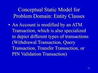 12
Conceptual Static Model for
Problem Domain: Entity Classes
• An Account is modified by an ATM
Transaction, which is also specialized
to depict different types of transactions
(Withdrawal Transaction, Query
Transaction, Transfer Transaction, or
PIN Validation Transaction)
 