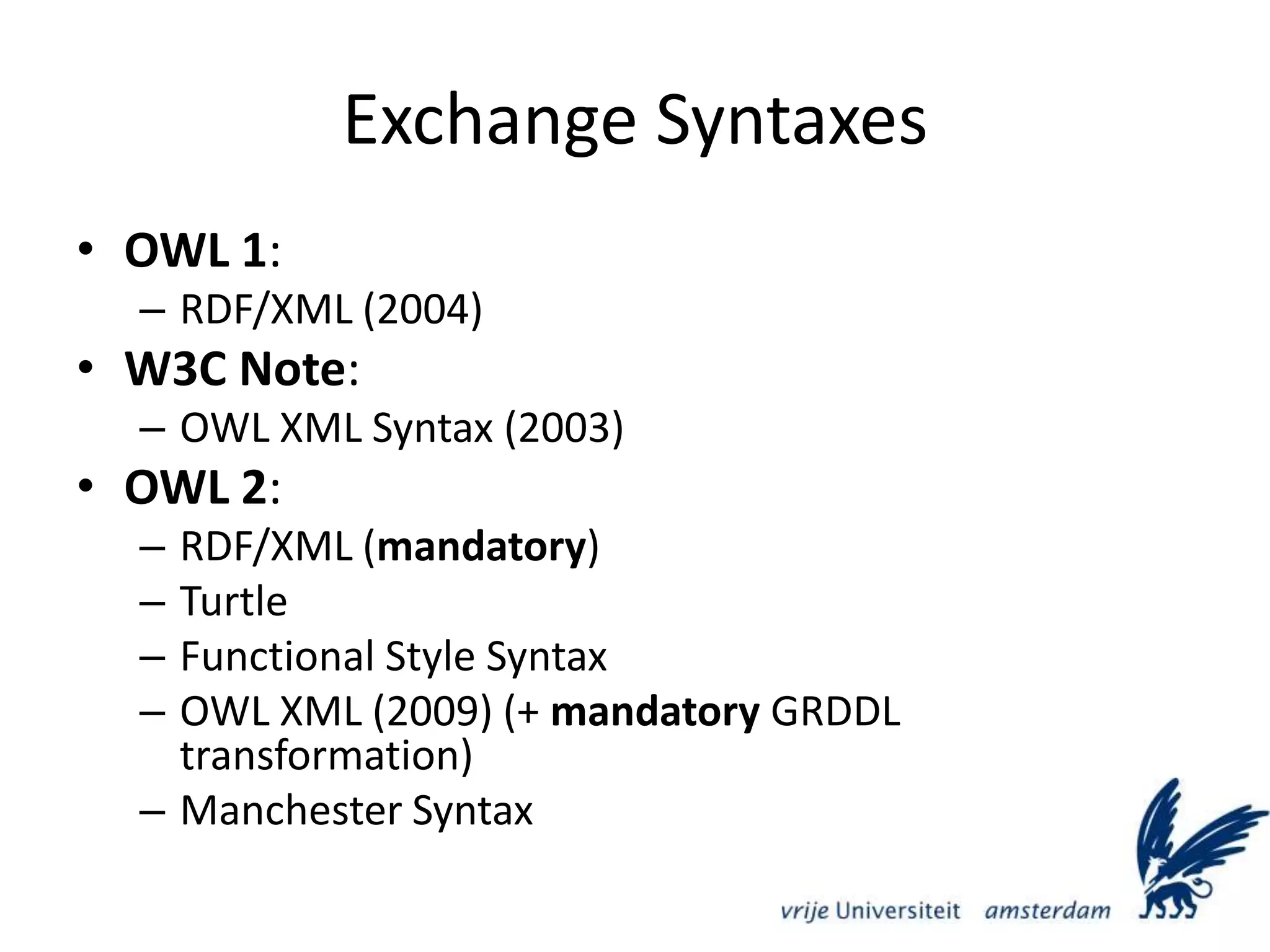 Exchange SyntaxesOWL 1: RDF/XML (2004)W3C Note: OWL XML Syntax (2003)OWL 2: RDF/XML (mandatory)TurtleFunctional Style SyntaxOWL XML (2009) (+ mandatory GRDDL transformation)Manchester Syntax