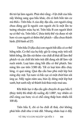  
 
VŨ TRỤ VÀ CON NGƯỜI * QUYỂN  I            114 
 
thì trở lại làm người. Phải nhớ rằng: «Vật chất của bầu 
nầy không sang qua bầu khác, chỉ có linh hồn tản cư 
mà thôi.» Trên bầu A của dãy địa cầu, con người cũng 
chưa đáng gọi là người: con người chỉ là một lằn tư 
tưởng nhuộm màu hạ trí. Trên bầu B con người khởi 
sự có thể vía. Trên bầu C (hỏa tinh) thể vía được rõ rệt 
hơn và con người có thêm thể phách – dẫu chưa thành 
hình. (Đồ hình số 27)   
Trên bầu D (địa cầu) con người bắt đầu có cơ thể 
hồng trần. Cơ thể của họ bấy giờ là vừng mây trôi nổi 
bềnh bồng, lần lần rút thêm vào chất dĩ thái để làm thể 
phách và các chất khí trên trái đất đang sôi để làm vật 
nuôi mình. Loại kim cũng bắt đầu có thể phách. Sức 
nóng lên cao trên 3.500 độ. Tất cả loại kim đều chảy 
lỏng, vì quá nóng. Quả địa cầu bao phủ một lớp hơi 
nóng dày mịt. Tại nam và bắc cực có một chút bùn sôi 
ùng ục. Mấy ngàn năm sau, bùn ấy đóng một lớp bọt 
xanh, bọt xanh nầy sẽ thành loài thảo mộc mai sau. 
Khi thần lực ở địa cầu gần chuyển di qua bầu E 
(thủy tinh) thì nhiệt độ xuống độ 1.000°, tuy nhiên có 
chỗ cũng cao hơn; và có chỗ cũng thấp hơn nhiều lối 
100 độ. 
Trên bầu E, chỉ có ba chất dĩ thái, chớ không 
phải bốn chất như ở trái đất. Nhưng nhân loại ở đấy 
 