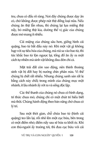  
 
VŨ TRỤ VÀ CON NGƯỜI * QUYỂN  I            120 
 
trư, chưa có đầu rõ ràng. Nơi đây chúng được dạy ăn 
cỏ, chớ không được phép nút thịt đồng loại nữa. Nếu 
chúng ăn thịt lẫn nhau, thì chúng lại lựa miếng thịt 
nầy, bỏ miếng thịt kia, dường thể vị giác của chúng 
được mở mang ít nhiều. 
Cái miệng của chúng sâu hơn, giống hình cái 
quặng, bao tử bắt đầu nảy nở. Khi một vật gì không 
hạp với sự tiêu hóa của chúng, mà rủi sa vào bao tử, thì 
tức khắc bao tử lộn ngược lại, tống đồ ăn ấy ra một 
cách tự nhiên mà sinh vật không đau đớn chi cả. 
Mặt  trái  đất  còn  xao  động,  nên  thỉnh  thoảng 
sinh vật bị đốt hay bị nướng chín phân nửa. Vì thế 
chúng bị chết rất nhiều. Nhưng chúng sanh sản rất lẹ 
bằng cách nảy chồi; trong mình của chúng mọc một 
nhánh, ít lâu nhánh ấy rớt ra và sống độc lập. 
Các thể thanh của chúng nó chưa có hình dạng, 
trí thức chưa mở, chúng chỉ có một chút trí hiểu biết 
mà thôi. Chúng hành động theo bản năng chớ chưa có 
lý trí. 
Sau  một  thời  gian,  chỗ  chứa  bao  tử  (hình  cái 
quặng) teo lần lại, rồi nhô lên một cục bứu, bên trong 
có một điểm nhỏ; điểm nầy sau sẽ hóa ra khối óc. Khi 
con thú‐người ấy trường tới, thì đưa cục bứu với cái 
 