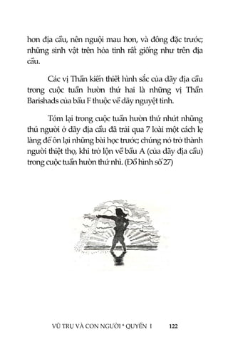  
 
VŨ TRỤ VÀ CON NGƯỜI * QUYỂN  I            122 
 
hơn địa cầu, nên nguội mau hơn, và đông đặc trước; 
những sinh vật trên hỏa tinh rất giống như trên địa 
cầu. 
Các vị Thần kiến thiết hình sắc của dãy địa cầu 
trong  cuộc  tuần  hườn  thứ  hai  là  những  vị  Thần 
Barishads của bầu F thuộc về dãy nguyệt tinh. 
Tóm lại trong cuộc tuần hườn thứ nhứt những 
thú người ở dãy địa cầu đã trải qua 7 loài một cách lẹ 
làng để ôn lại những bài học trước; chúng nó trở thành 
người thiệt thọ, khi trở lộn về bầu A (của dãy địa cầu) 
trong cuộc tuần hườn thứ nhì. (Đồ hình số 27) 
 