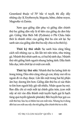  
 
VŨ TRỤ VÀ CON NGƯỜI * QUYỂN  I            149 
 
Groenland  thuộc  về  70°  bắc  vĩ  tuyết,  thì  dẫy  đầy 
những cây: If, Erythroxyle, Séquoia, hêtre, chêne noyer, 
Magnolia và Zamia. 
Xem qua giống dân phụ và giống dân chánh 
thứ ba: giống dân nầy là tổ tiên của giống da đen bây 
giờ. Giống Mọi Bích Mê (Pydmée) ở Phi Châu hiện 
thời là nhánh nhóc của giống thứ ba còn sót lại. Sự 
sanh sản của giống dân thứ ba nầy chia ra ba thời kỳ. 
Thời  kỳ  thứ  nhất:  Sự  sanh  hóa  cũng  bằng 
cách nổi những cục u, lần lần trở nên tròn, như trứng 
gà. Nhánh thứ nhứt sanh ra, có hai bộ sinh dục. Nhánh 
thứ nhì giống hình người nhưng lưỡng tính. Đầu hình 
bầu dục, trên chót lại có một con mắt. 
Thời kỳ thứ nhì: Nhánh thứ ba lưỡng tính từ 
trong trứng. Đứa nhỏ cũng như gà con, khảy mỏ rồi ra 
ngoài đi và chạy được. Lần lần một trong hai bộ phận 
âm hay dương lớn hơn. Giống dân thứ ba có xác thân 
to lớn hơn người bấy giờ rất nhiều. Nhãn quan họ mở. 
Ban đầu chỉ có một mắt tại chính giữa trán, (con mắt 
nầy sẽ rút vào đầu thành một tuyến hạch gọi là hạch 
tùng quả tuyến (glande pinéale). Bên huyền học gọi con 
mắt thứ ba). Sau họ có thêm hai con mắt nữa. Nhưng họ ít dùng 
đến hai con mắt sau nầy cho tới giống dân chánh thứ tư ra đời. 
 